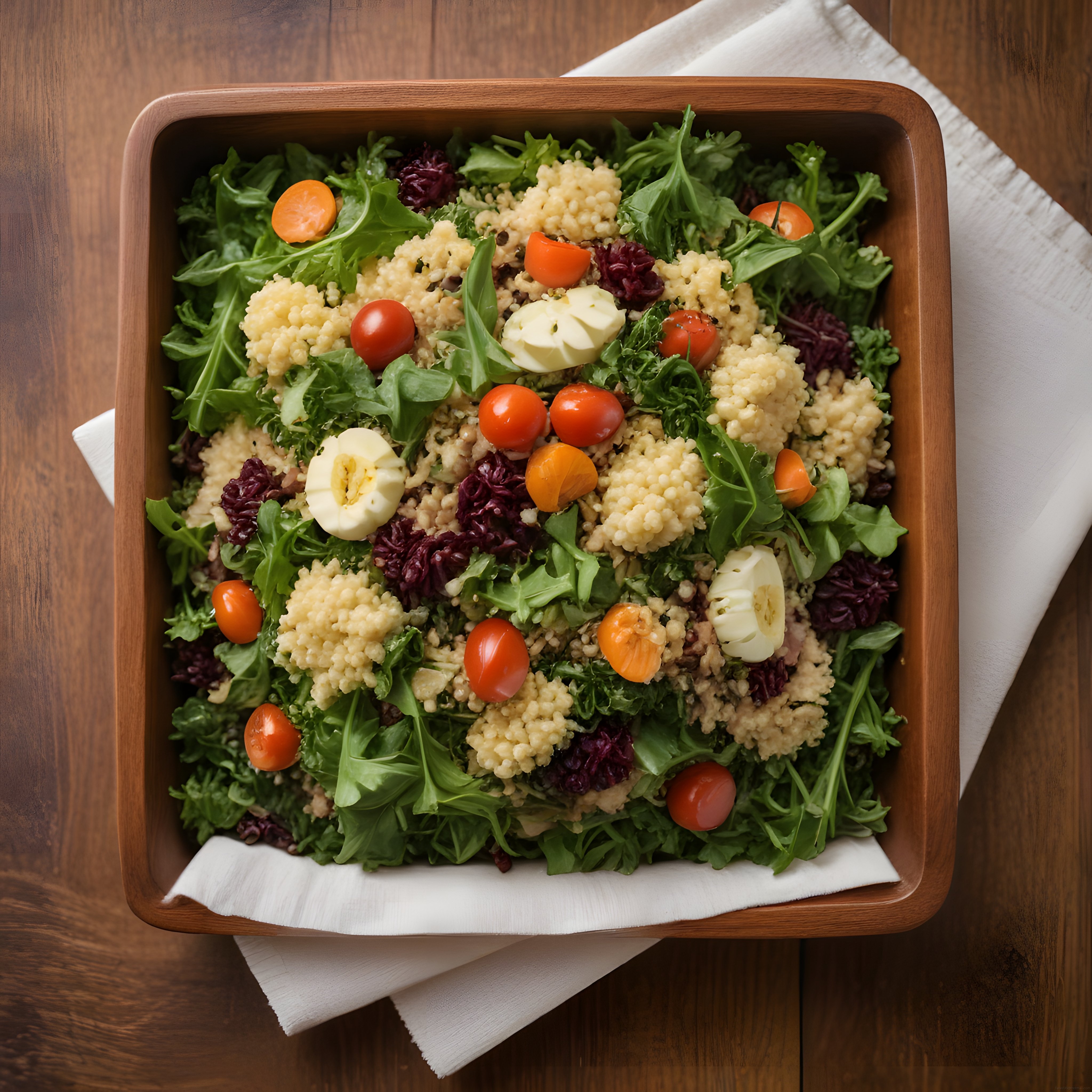 Ahşap Kapta Kinoa Yumurta ve Roka ile Vitamin Dolu Sağlıklı Salata Sunumu