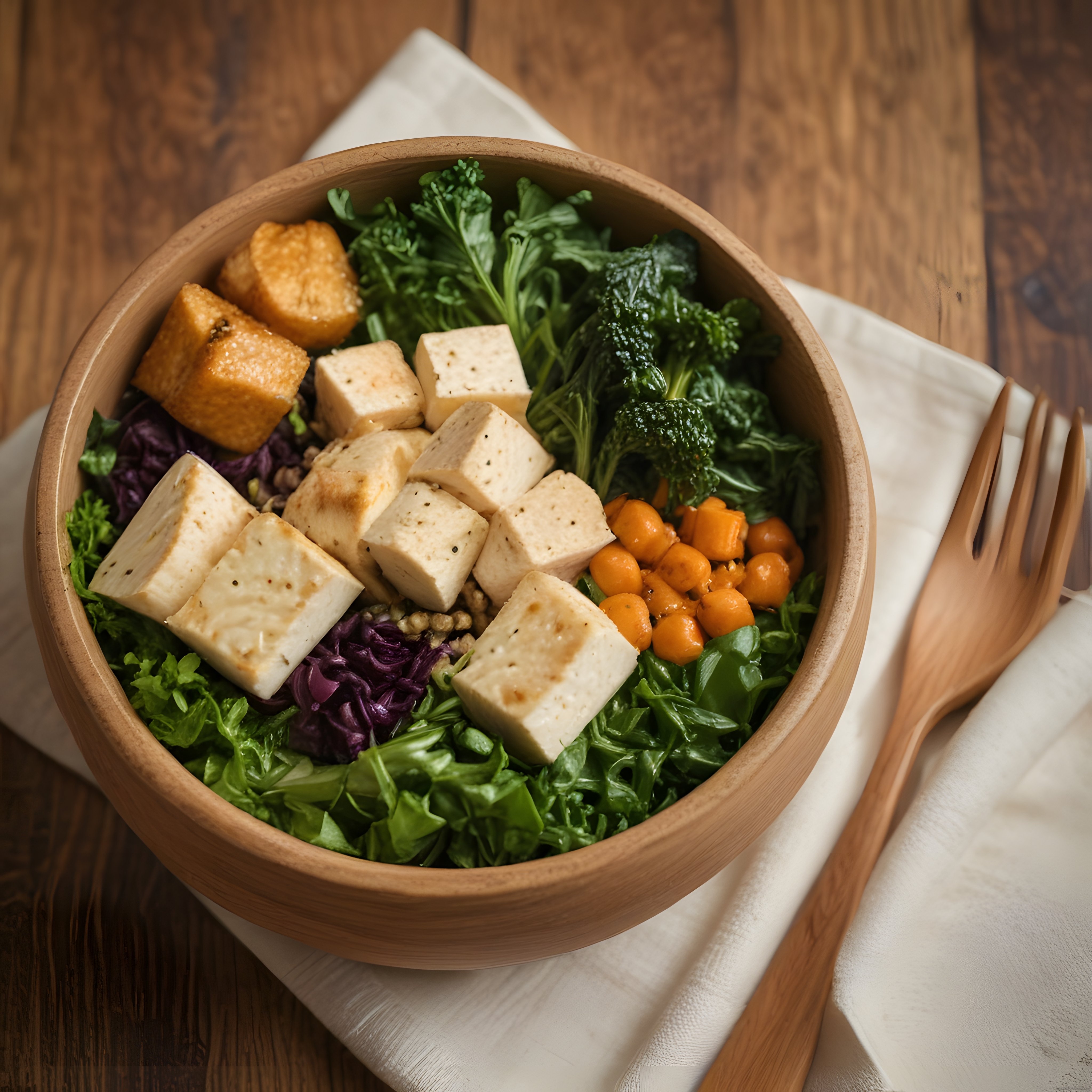 Ahşap kapta kızarmış tofu ve yeşilliklerle hazırlanan vegan buda kasesi