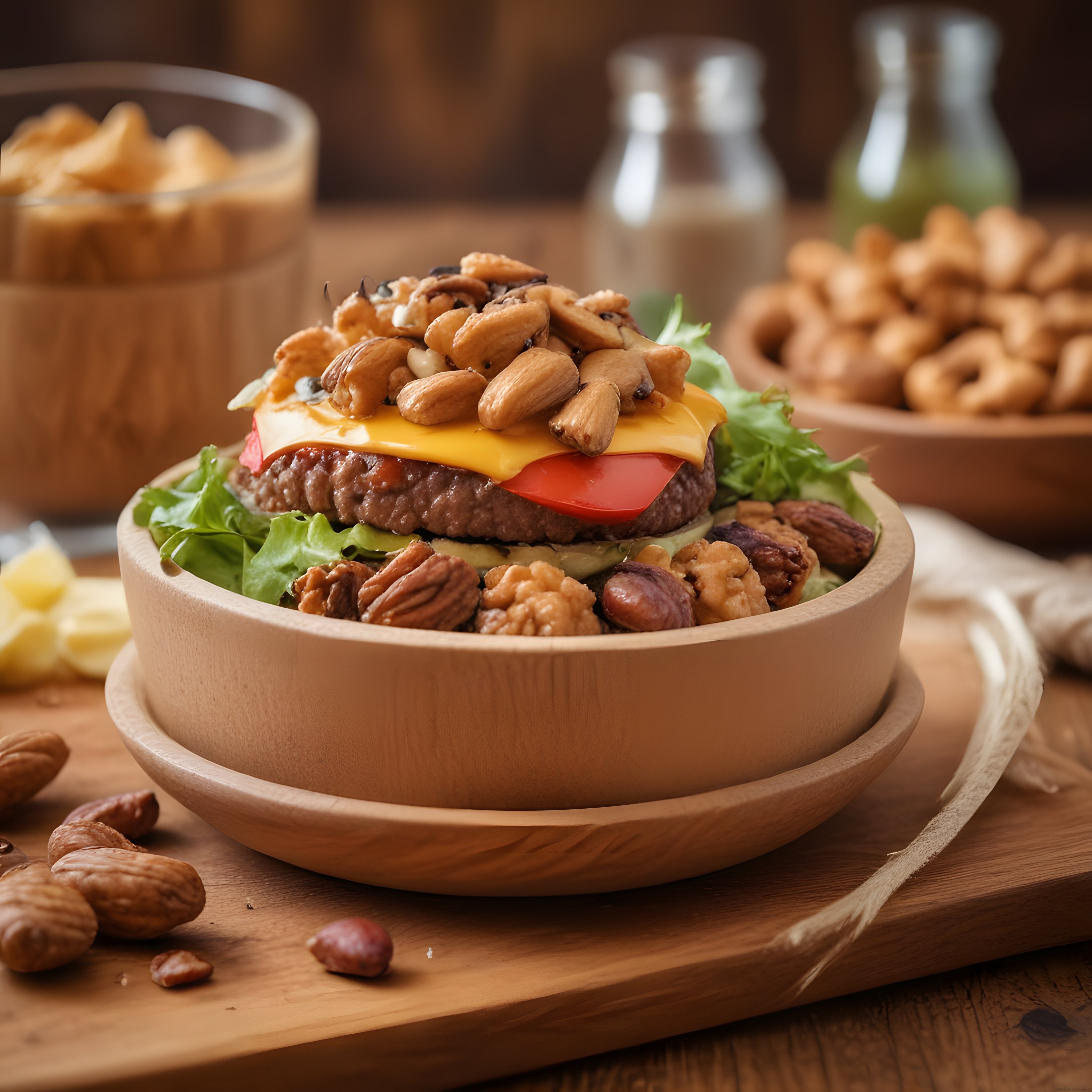 Ahşap Kapta Kuruyemiş ve Cevizli Gourmet Burger ile Rustik Masa Sunumu