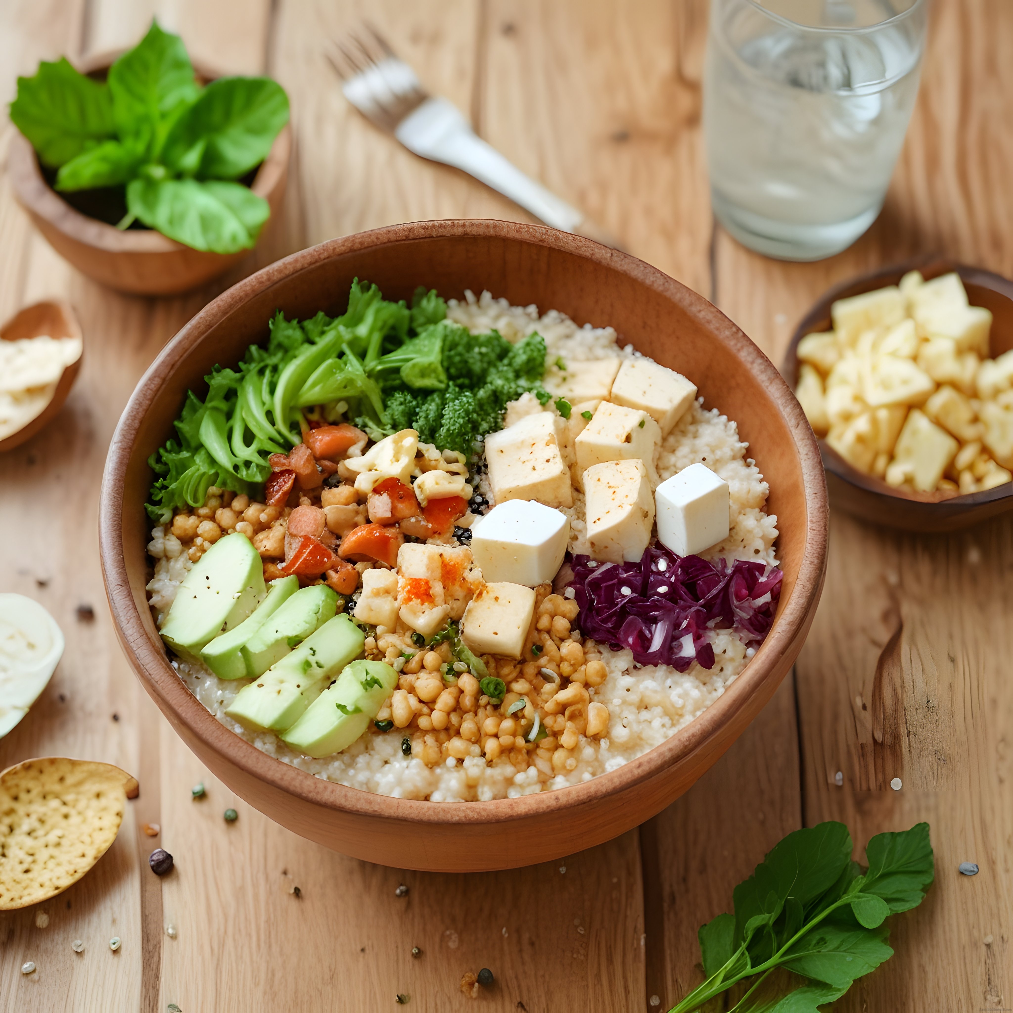 Ahşap Kapta Kuskus, Avokado ve Peynirli Sağlıklı Buddha Bowl Tarifi