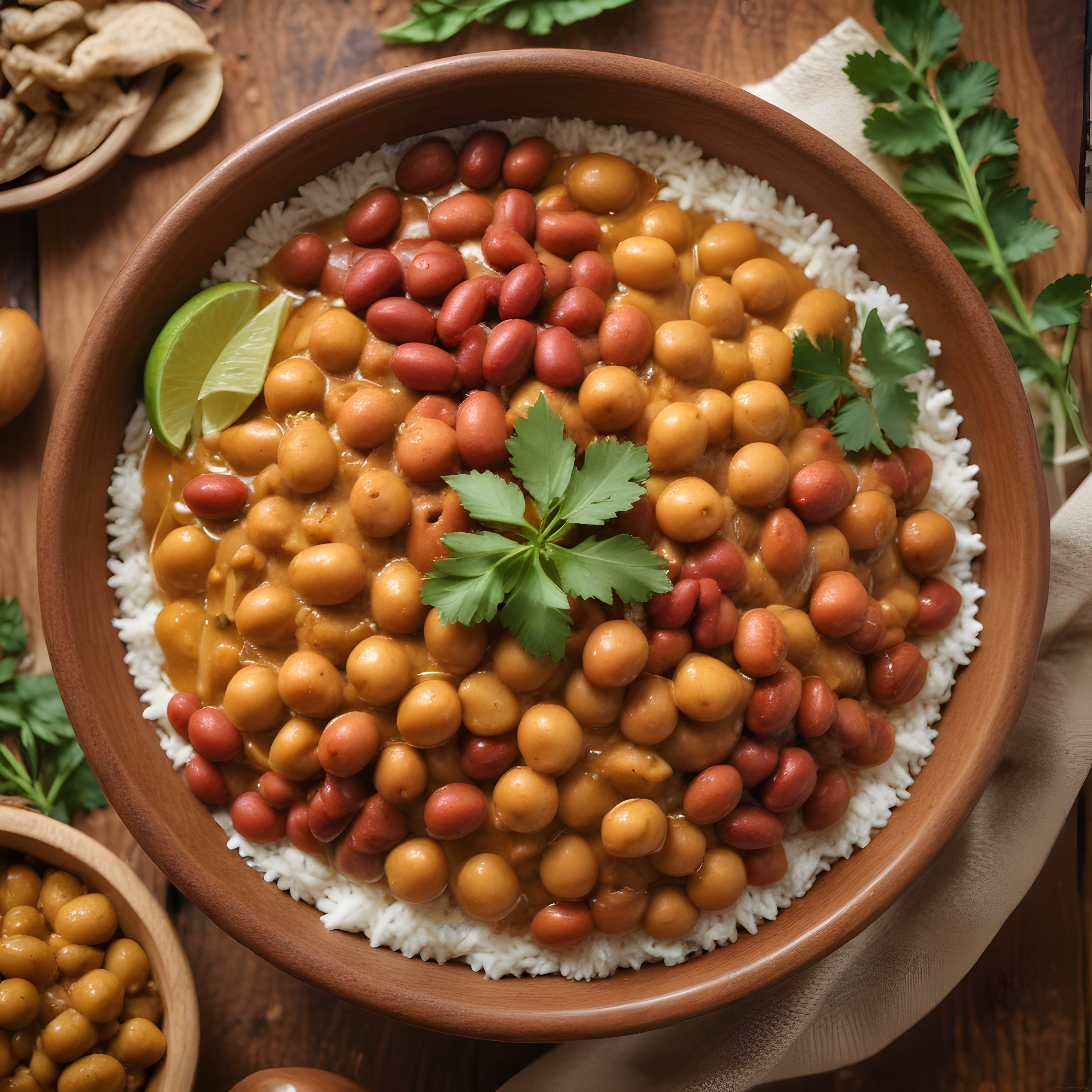Ahşap Kapta Nohutlu Fasulyeli Vegan Bowl ve Taze Kişniş Süslemesi