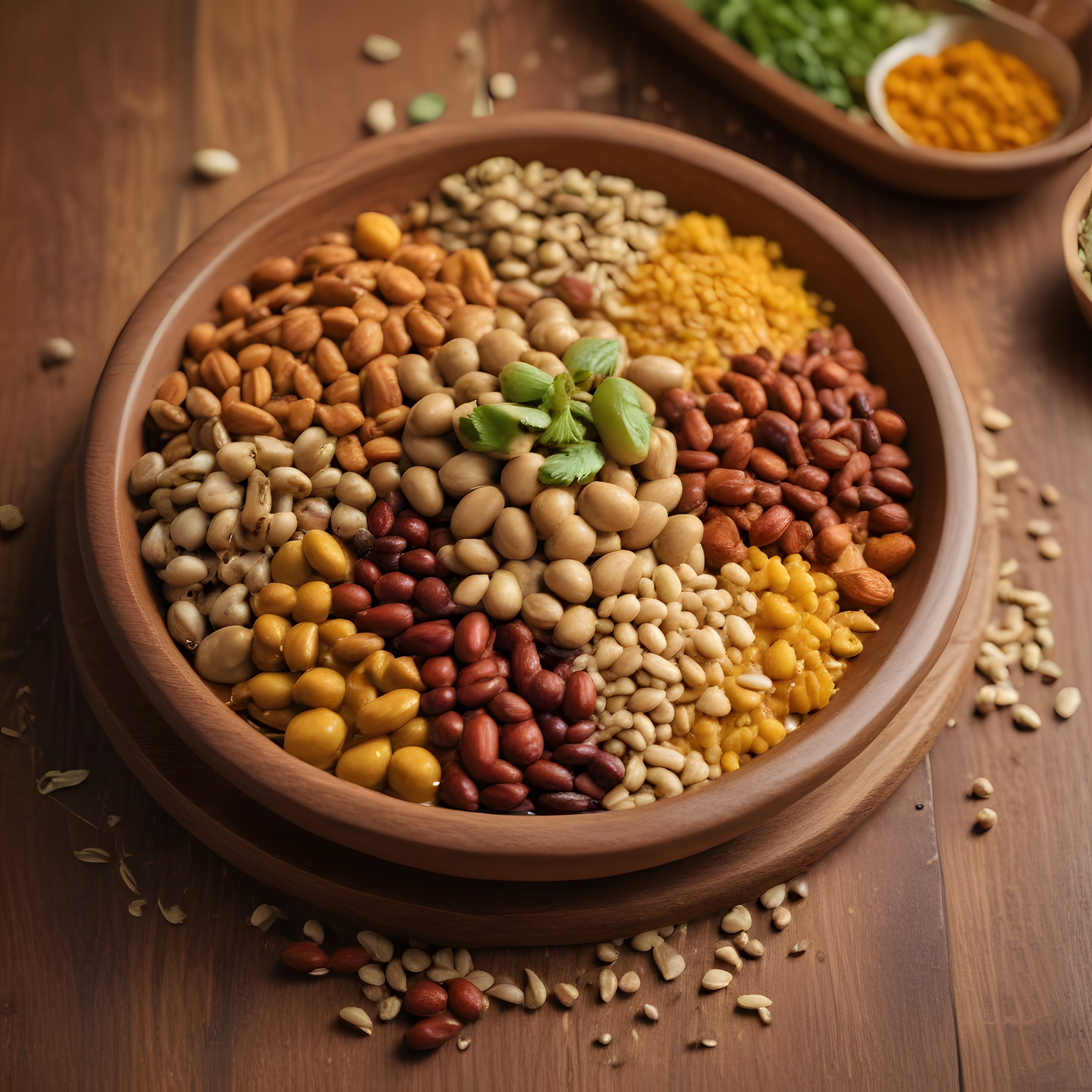 Ahşap Kapta Renkli Baklagiller ve Tahıllar: Sağlıklı Vegan Beslenme