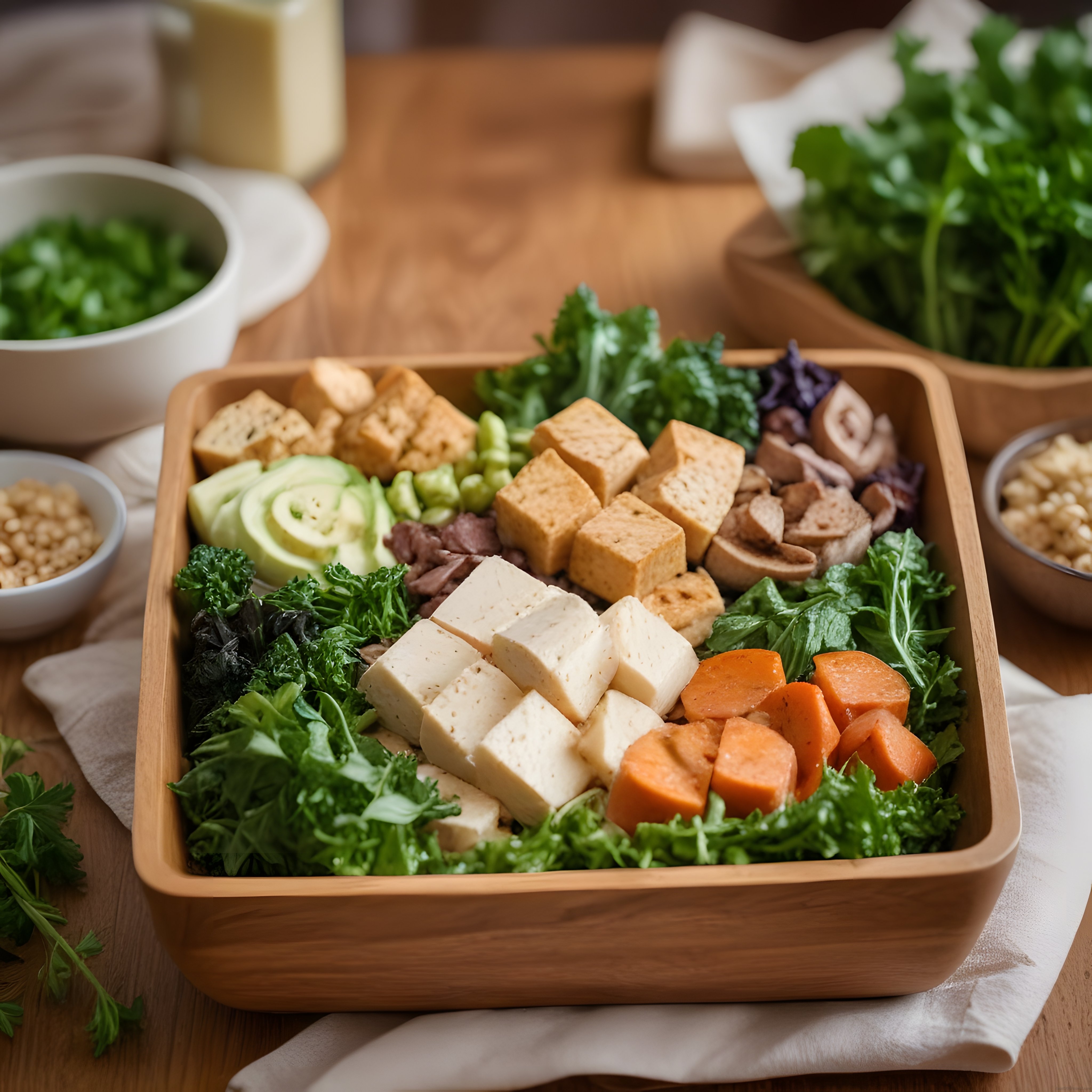 Ahşap Kapta Renkli Buda Kasesi: Tofu, Avokado ve Taze Yeşilliklerle Sağlıklı Öğün