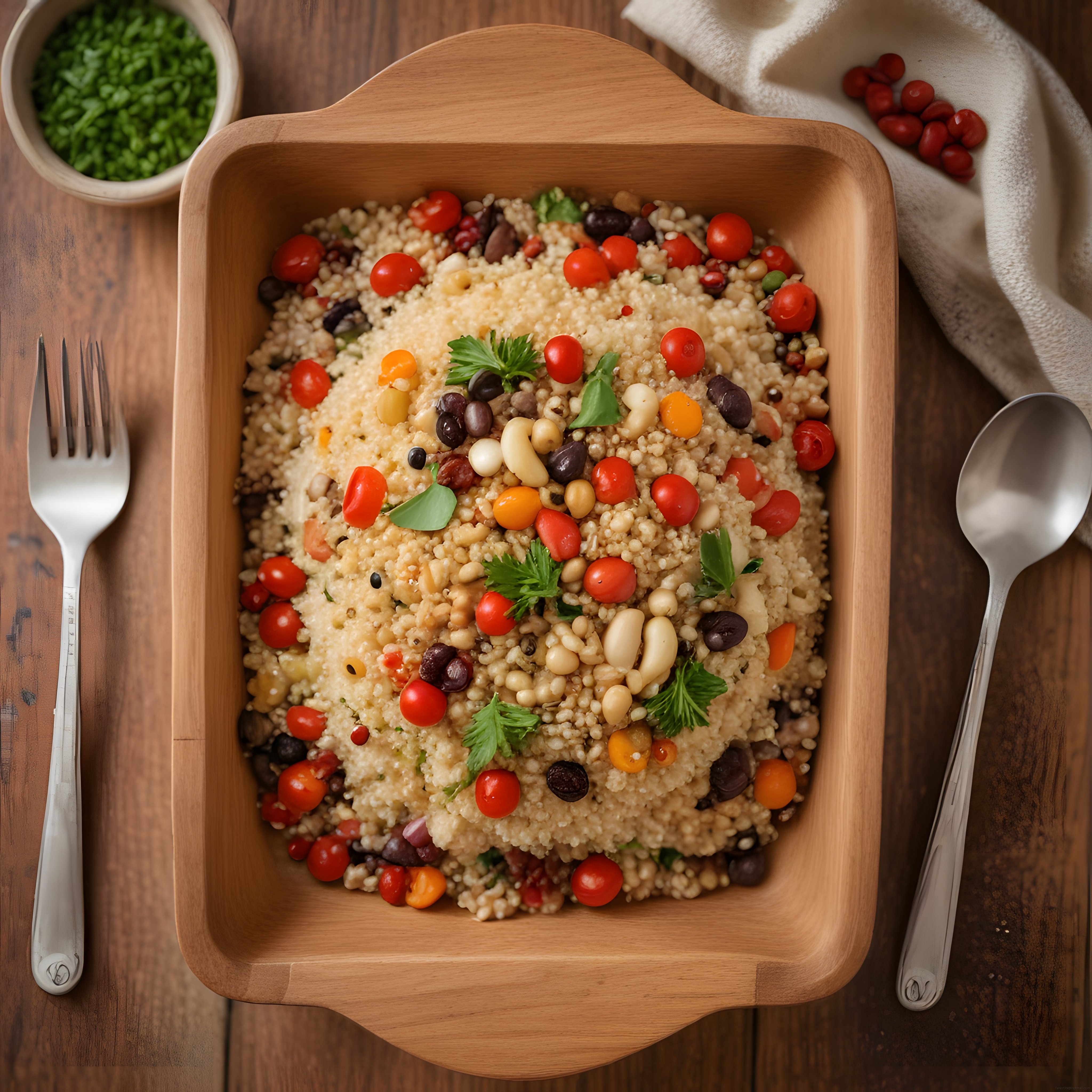 Ahşap Kapta Renkli Domatesli ve Bakliyatlı Kuskus Salatası Sunumu
