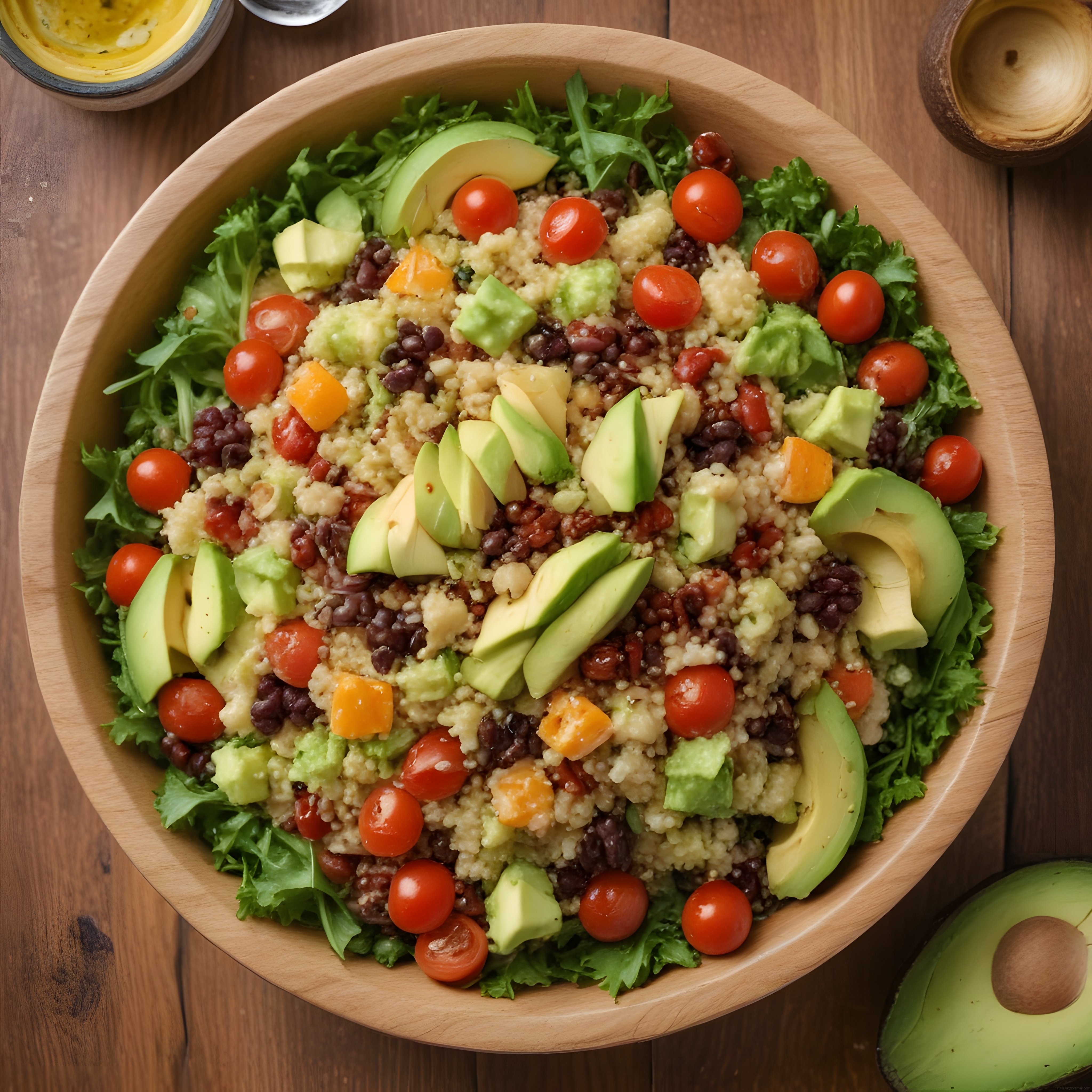 Ahşap Kapta Renkli Kinoa Salatası: Avokado ve Fasulyeli Vegan Beslenme