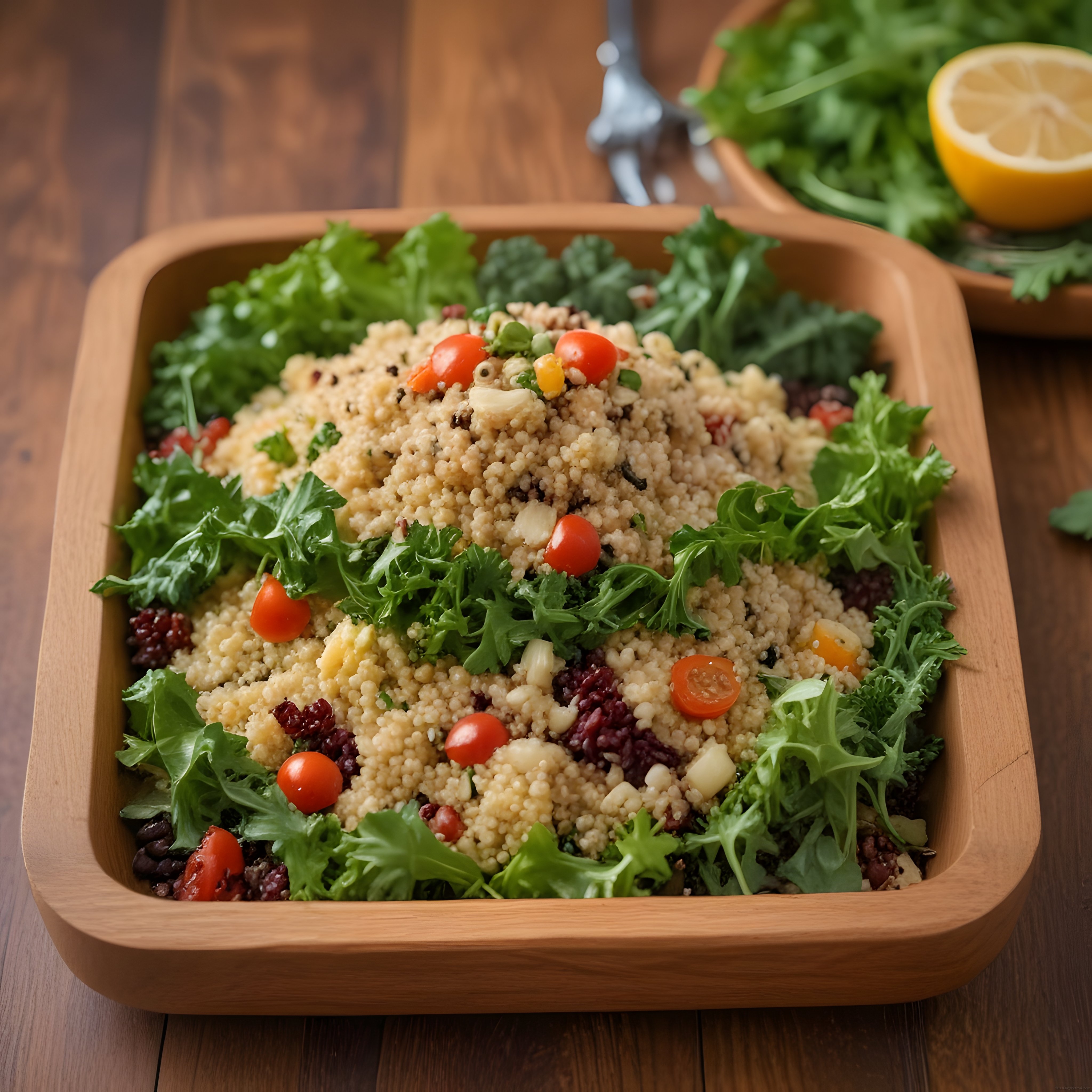 Ahşap kapta renkli kinoa salatası ile sağlıklı ve lezzetli bir öğün önerisi