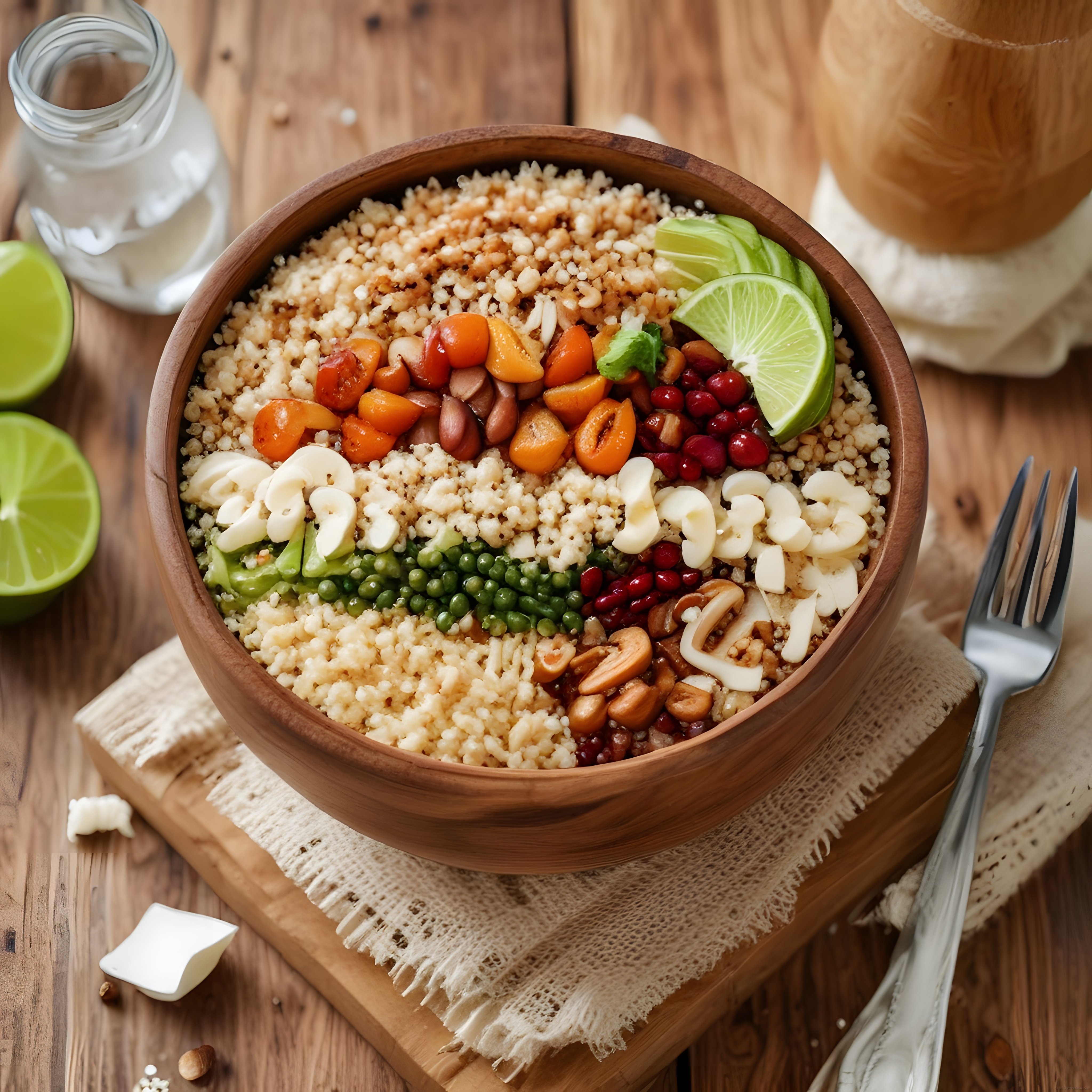 Ahşap Kapta Renkli Kuskus Kasesi: Vegan Beslenme ve Taze Sebzeler