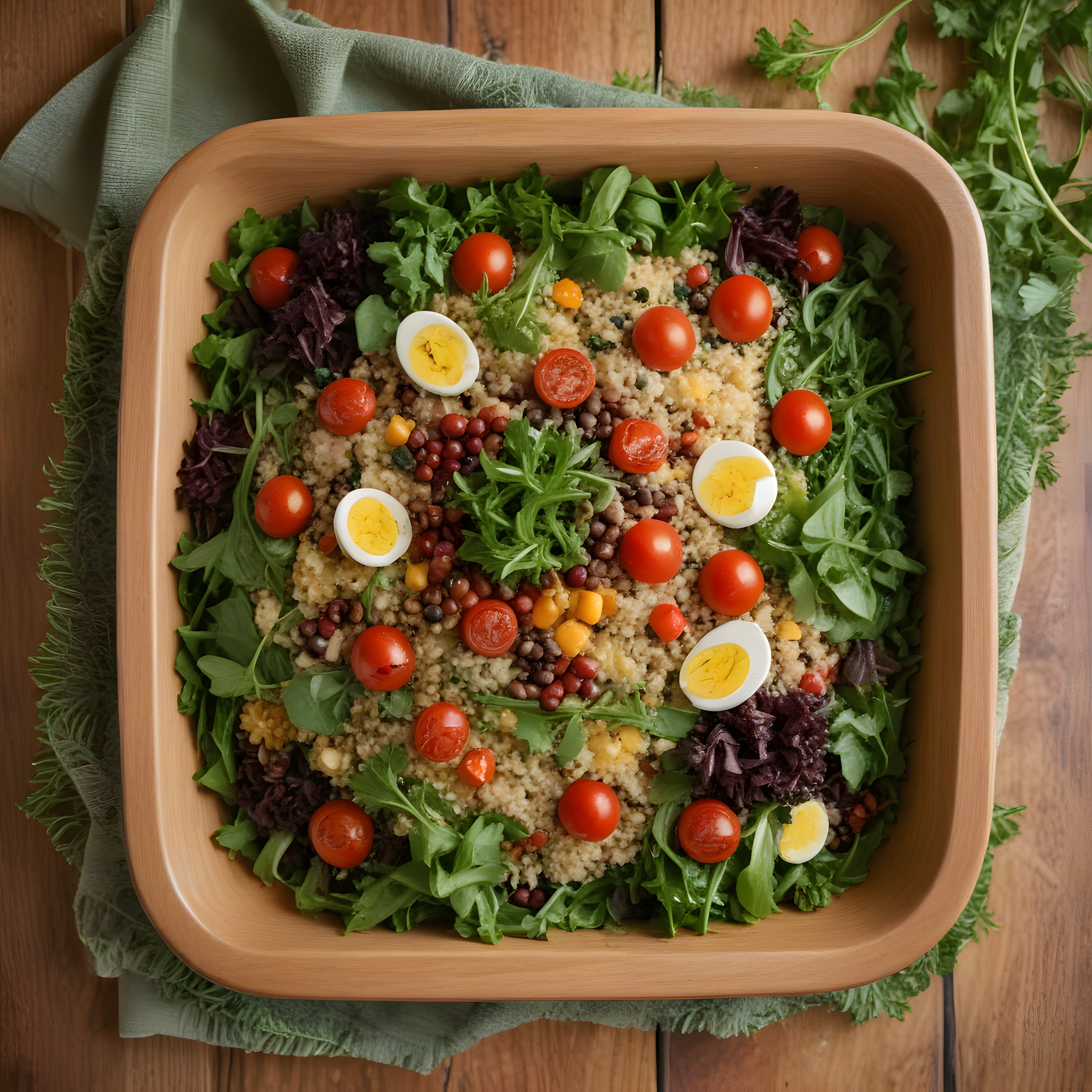 Ahşap Kapta Renkli Kuskus Salatası: Yumurta, Domates ve Yeşillikler