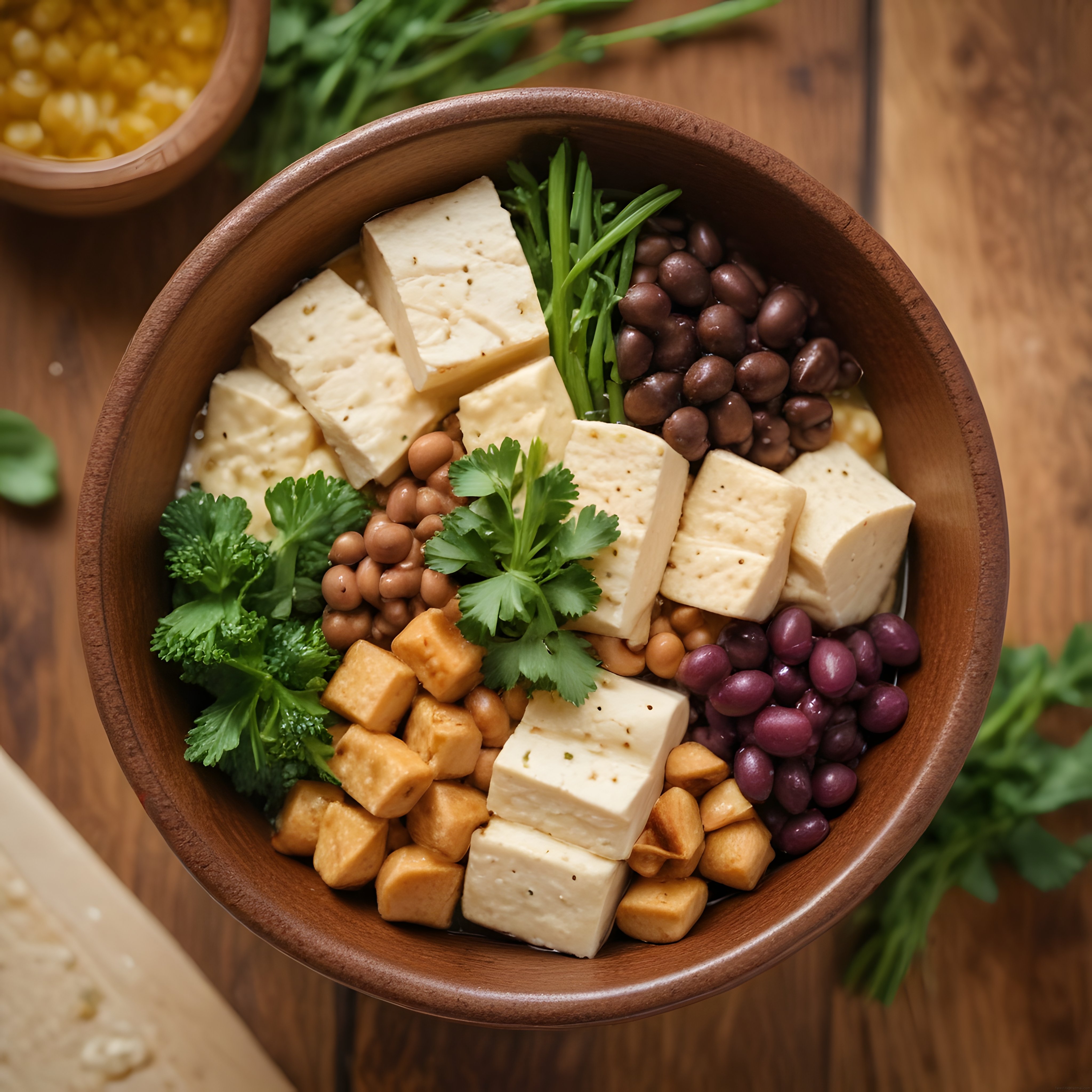 Ahşap Kapta Renkli Peynir ve Bakliyatlı Sağlıklı Buddha Bowl Sunumu