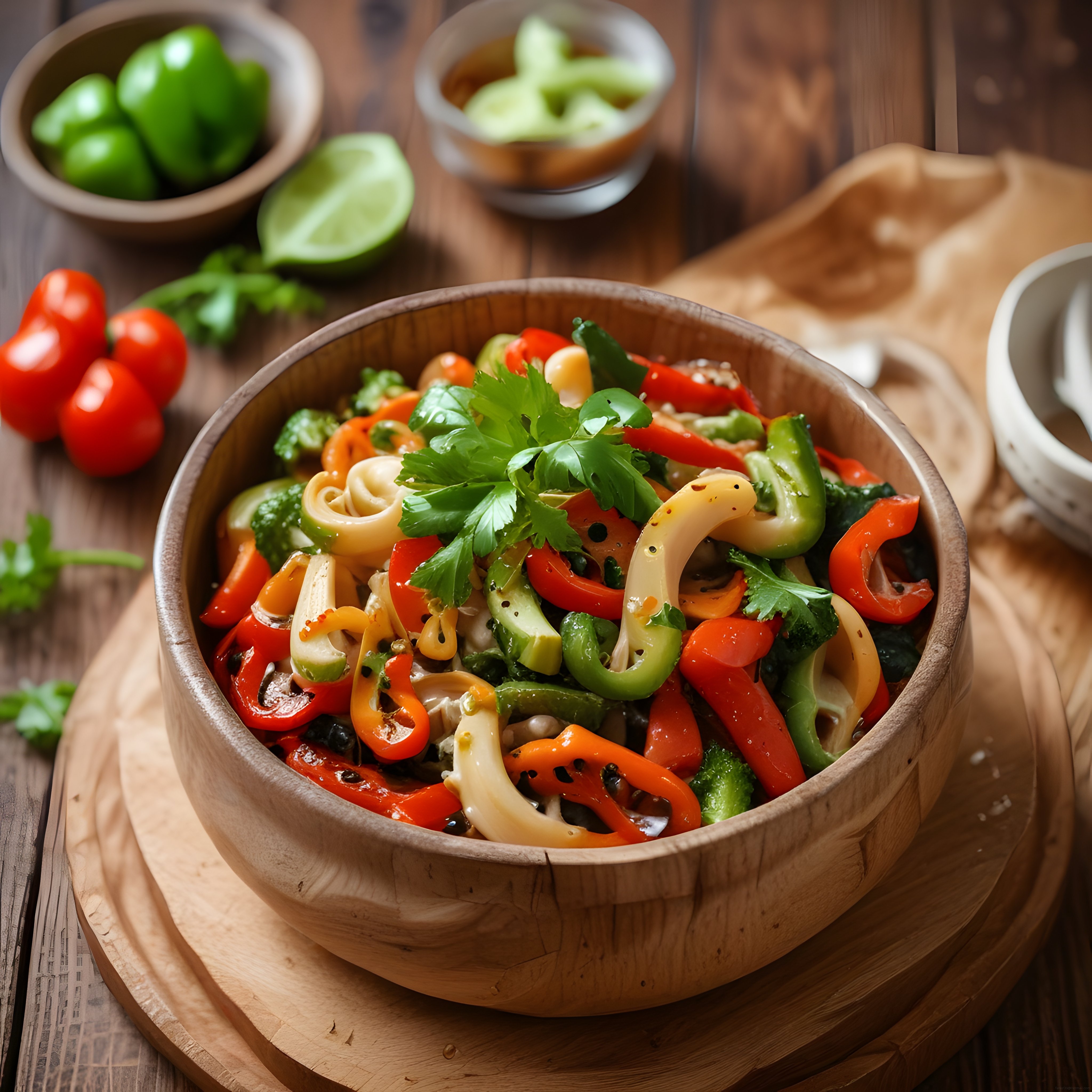 Ahşap Kapta Renkli Sebzelerle Hazırlanan Asya Usulü Noodle Salatası Tarifi