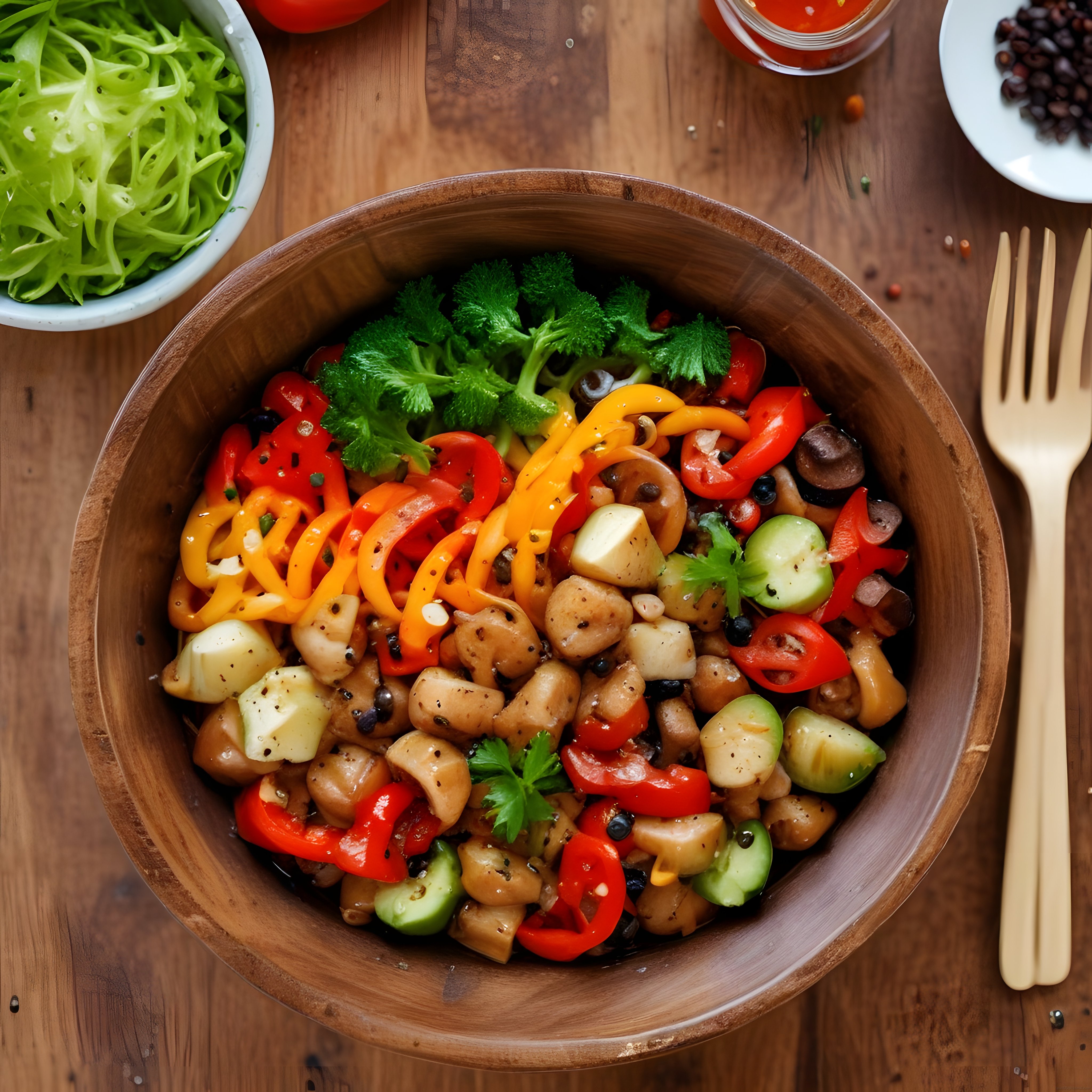 Ahşap Kapta Renkli Sebzeli Mantar Salatası: Sağlıklı Beslenme