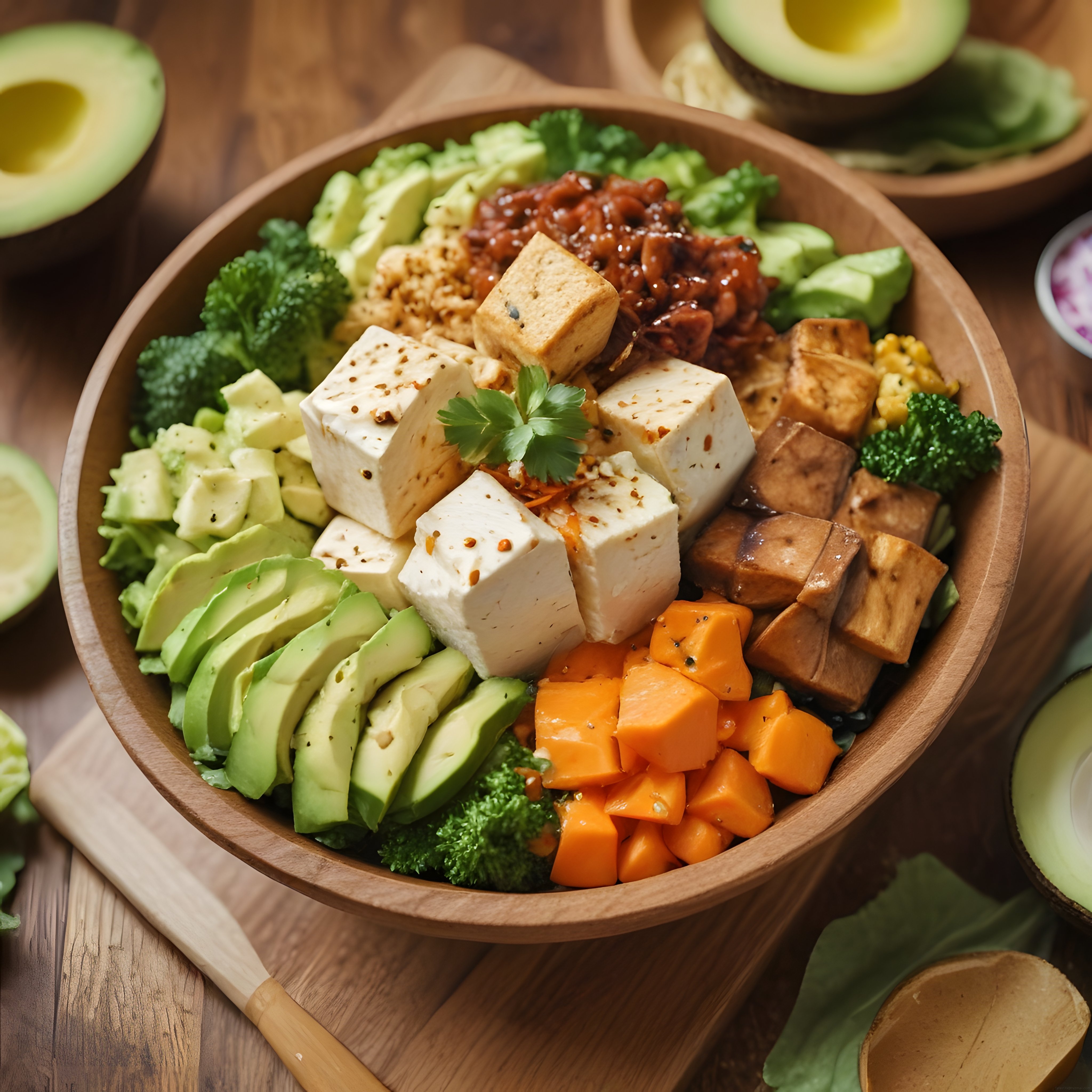 Ahşap kapta renkli tofu ve avokado ile besleyici vegan protein bowl