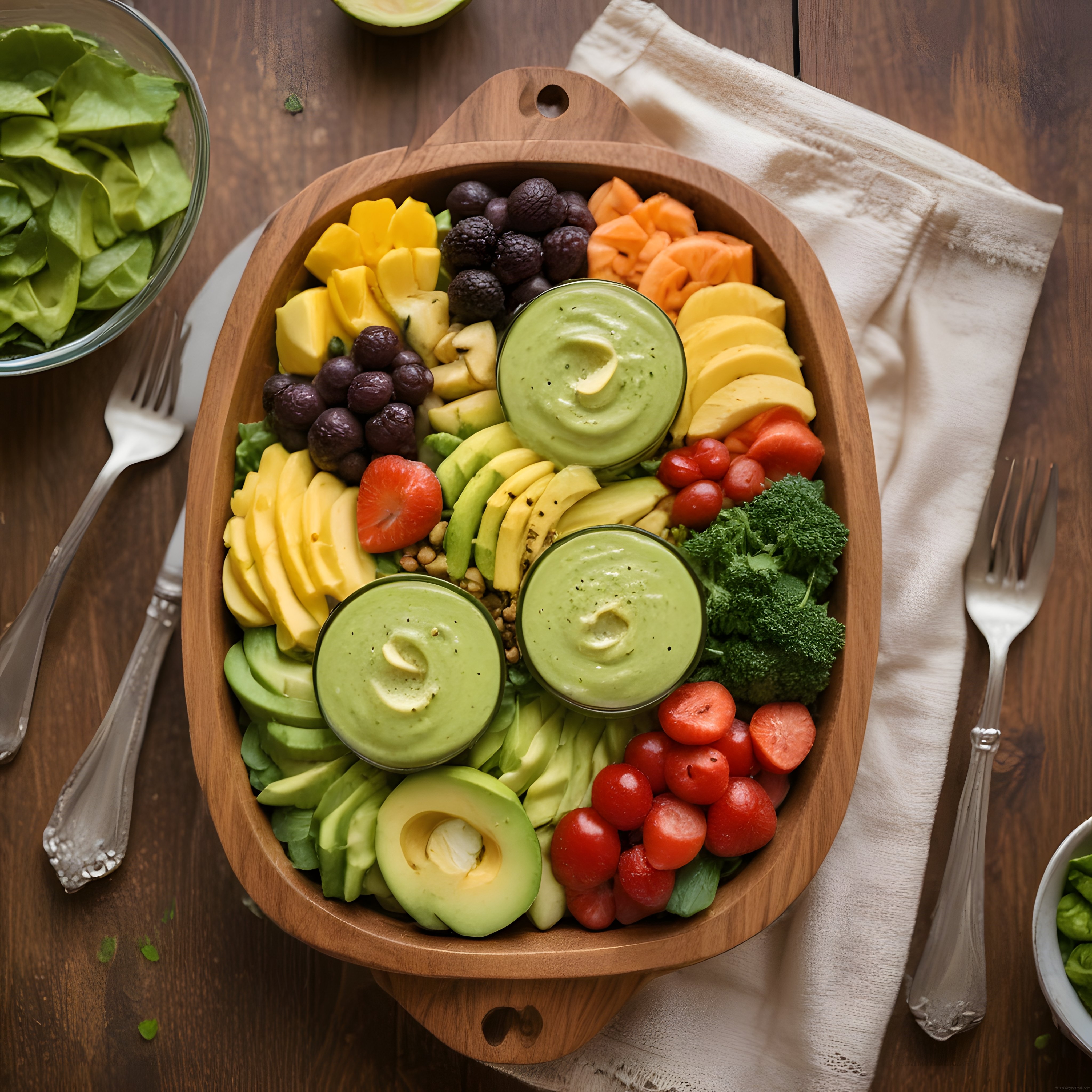 Ahşap Kapta Renkli Vegan Bowl ve Ev Yapımı Kremalı Avokado Sos Sunumu