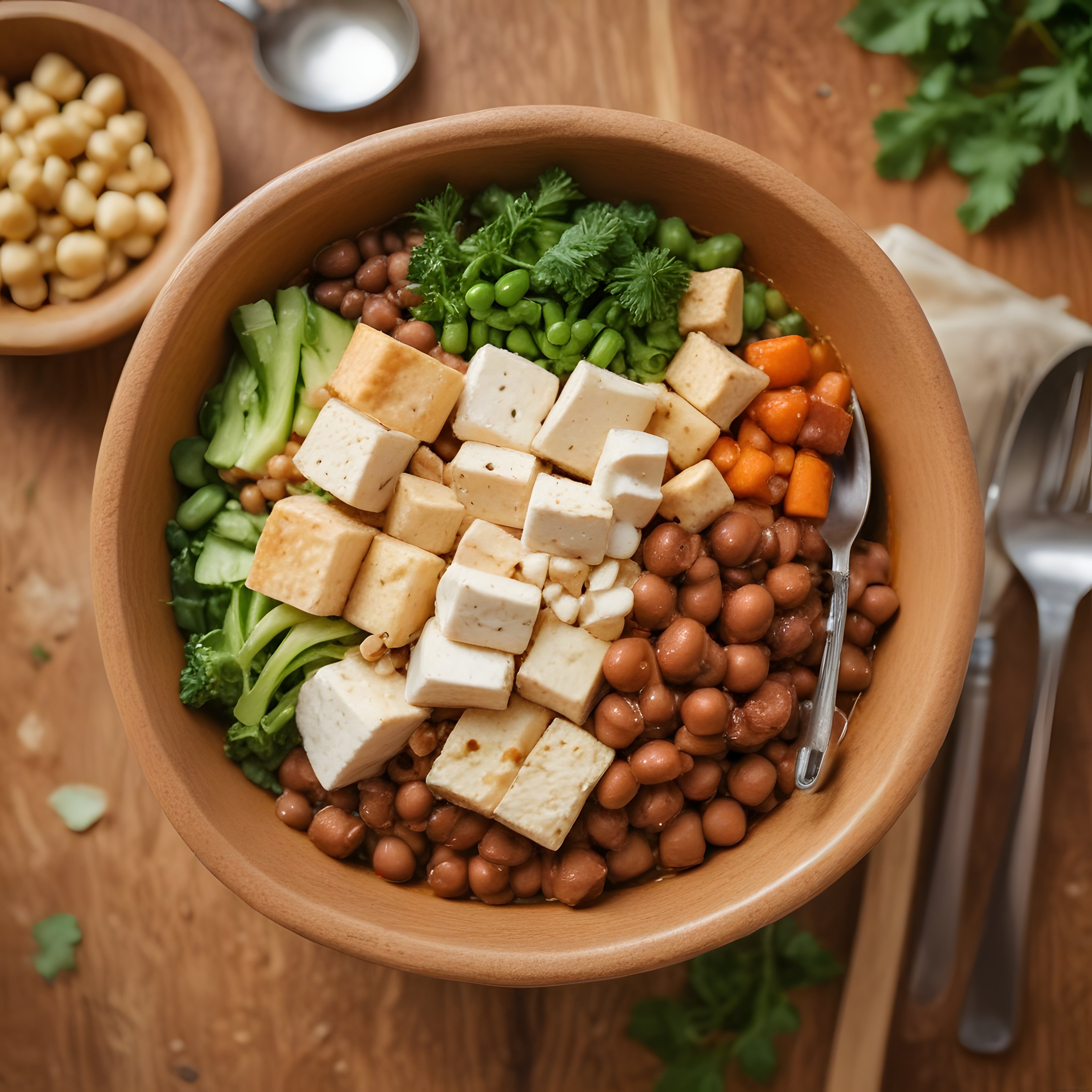 Ahşap Kapta Renkli Vegan Buddha Bowl: Tofu, Nohut ve Taze Sebzeler