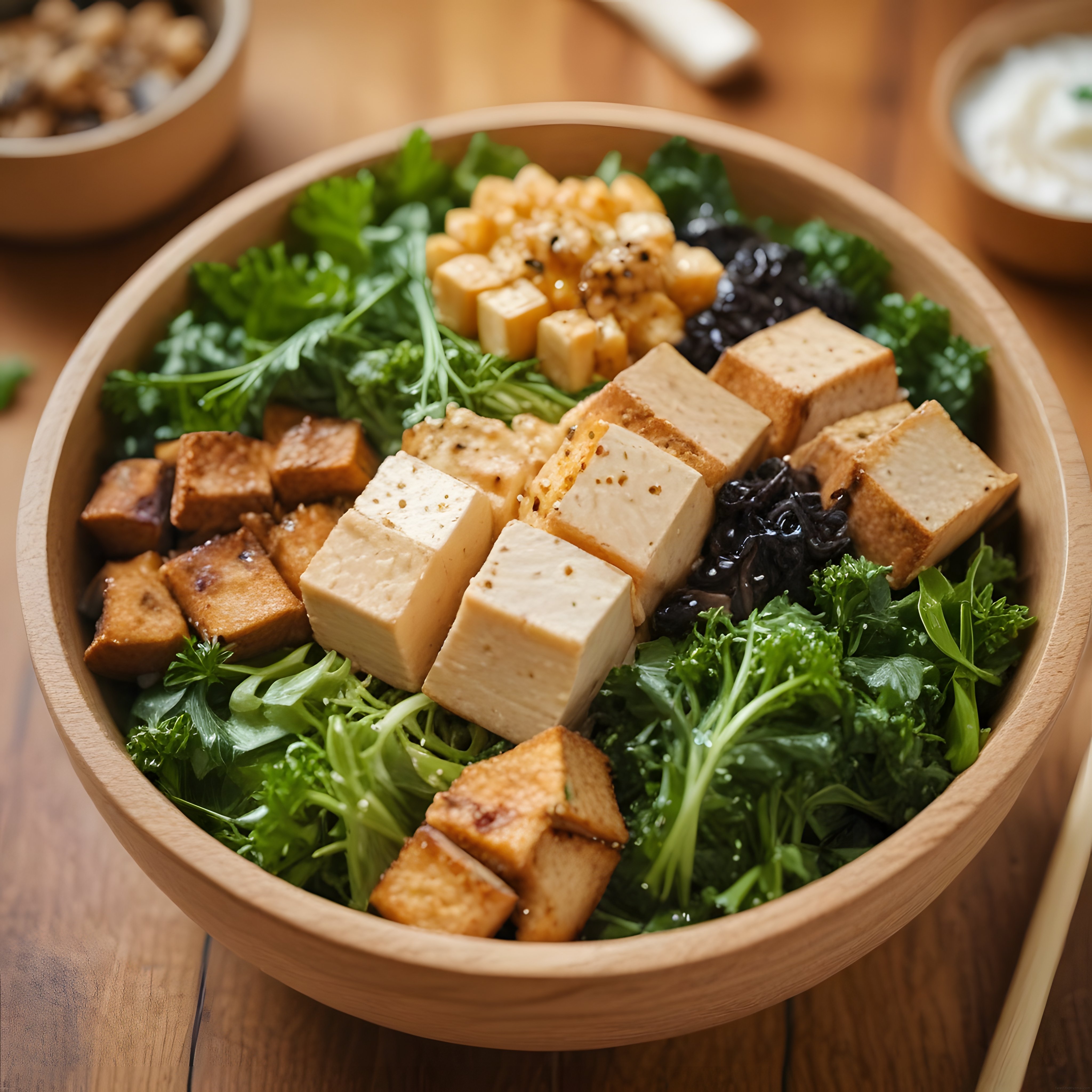 Ahşap kapta sağlıklı vegan kase: kızarmış tofu, yeşillikler ve tahıl