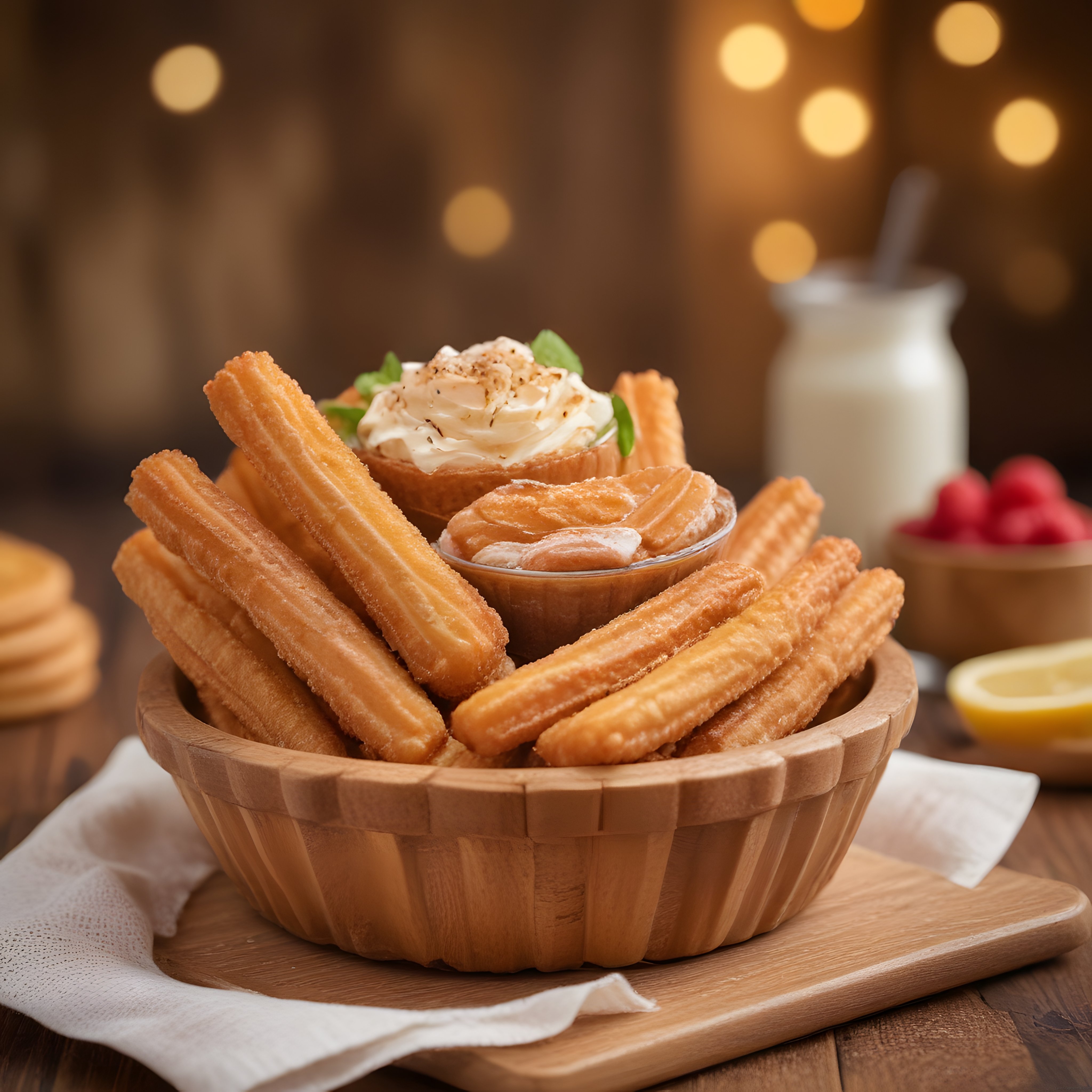 Ahşap Kapta Şekerli Churros ve Krema Sos ile Sıcak Atmosferli Tatlı Sunumu
