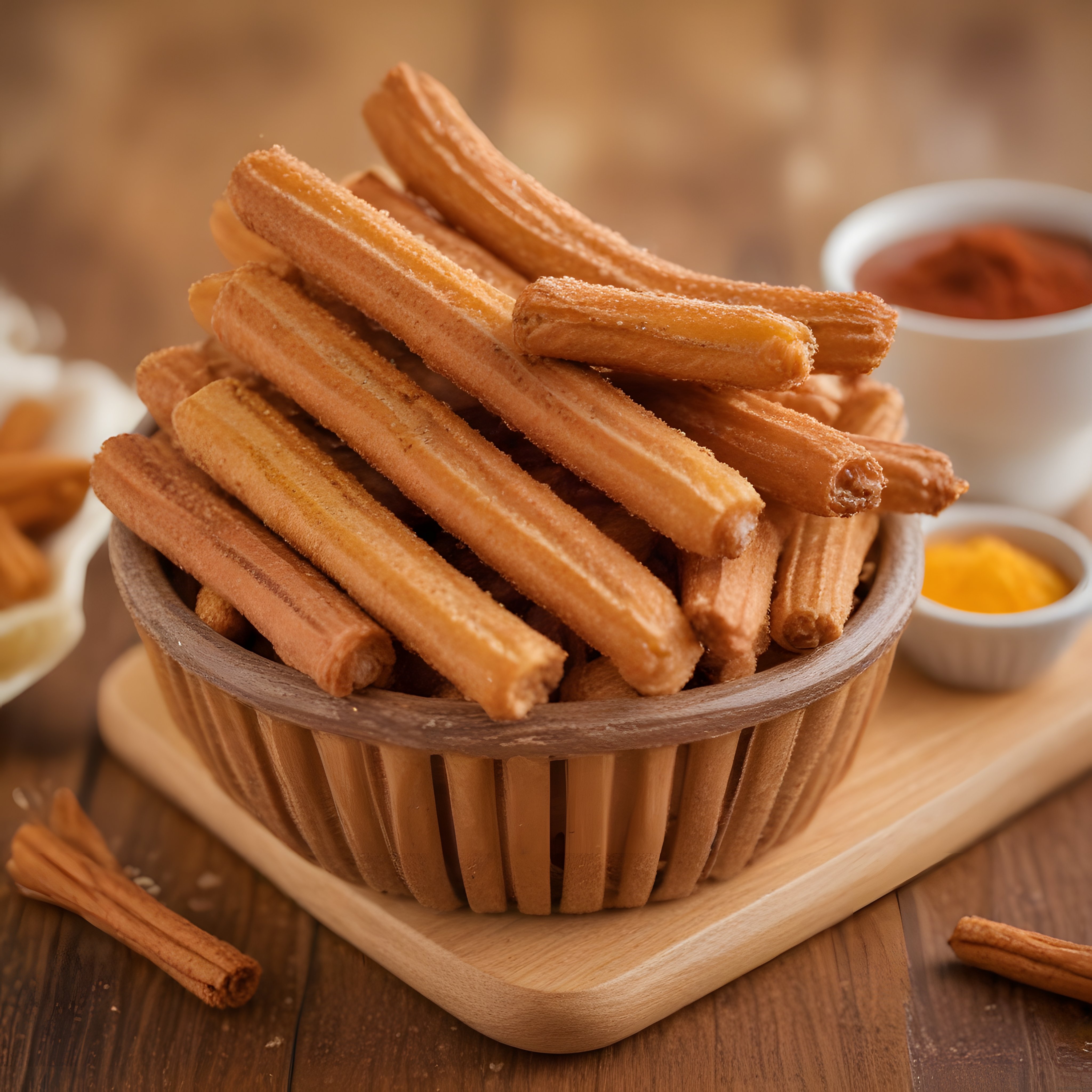 Ahşap kapta servis edilmiş çıtır churros ve yanında çikolata ile karamel sosları