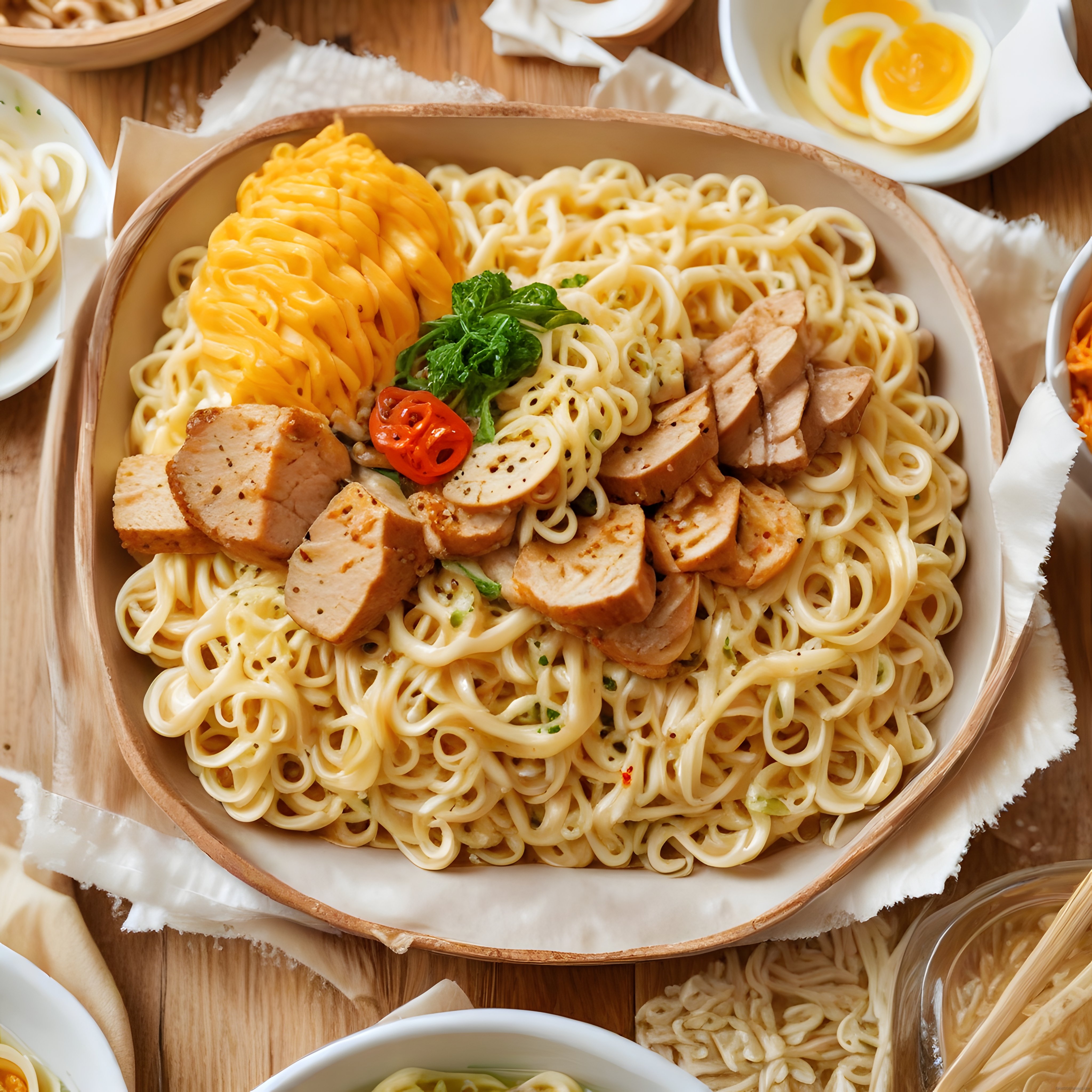 Ahşap Kapta Sosisli ve Omletli Noodle Sunumu: Sıcak Asya Lezzeti