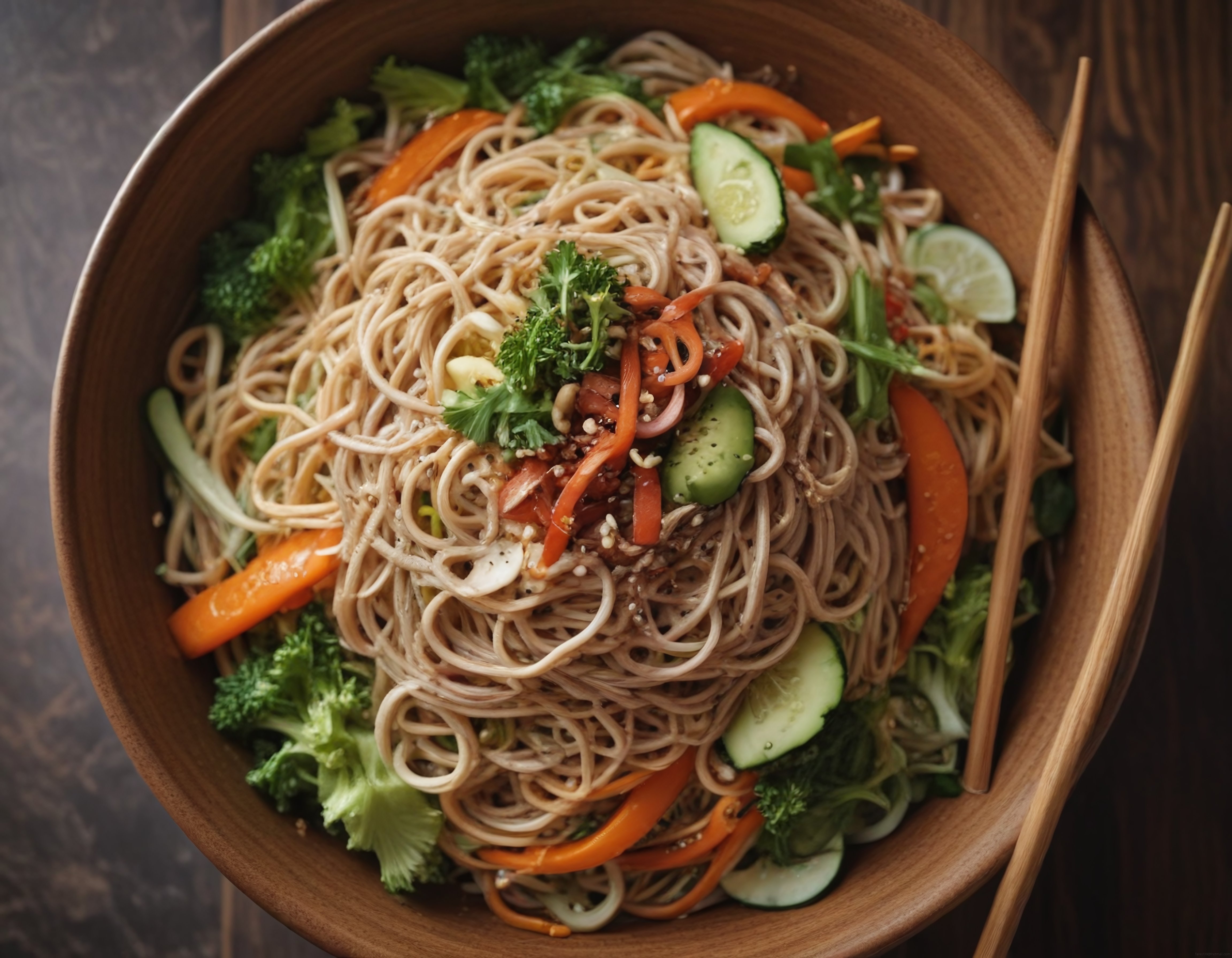 Ahşap Kapta Susamlı Noodle Salatası: Renkli Sebzelerle Pratik Öğün Tarifi