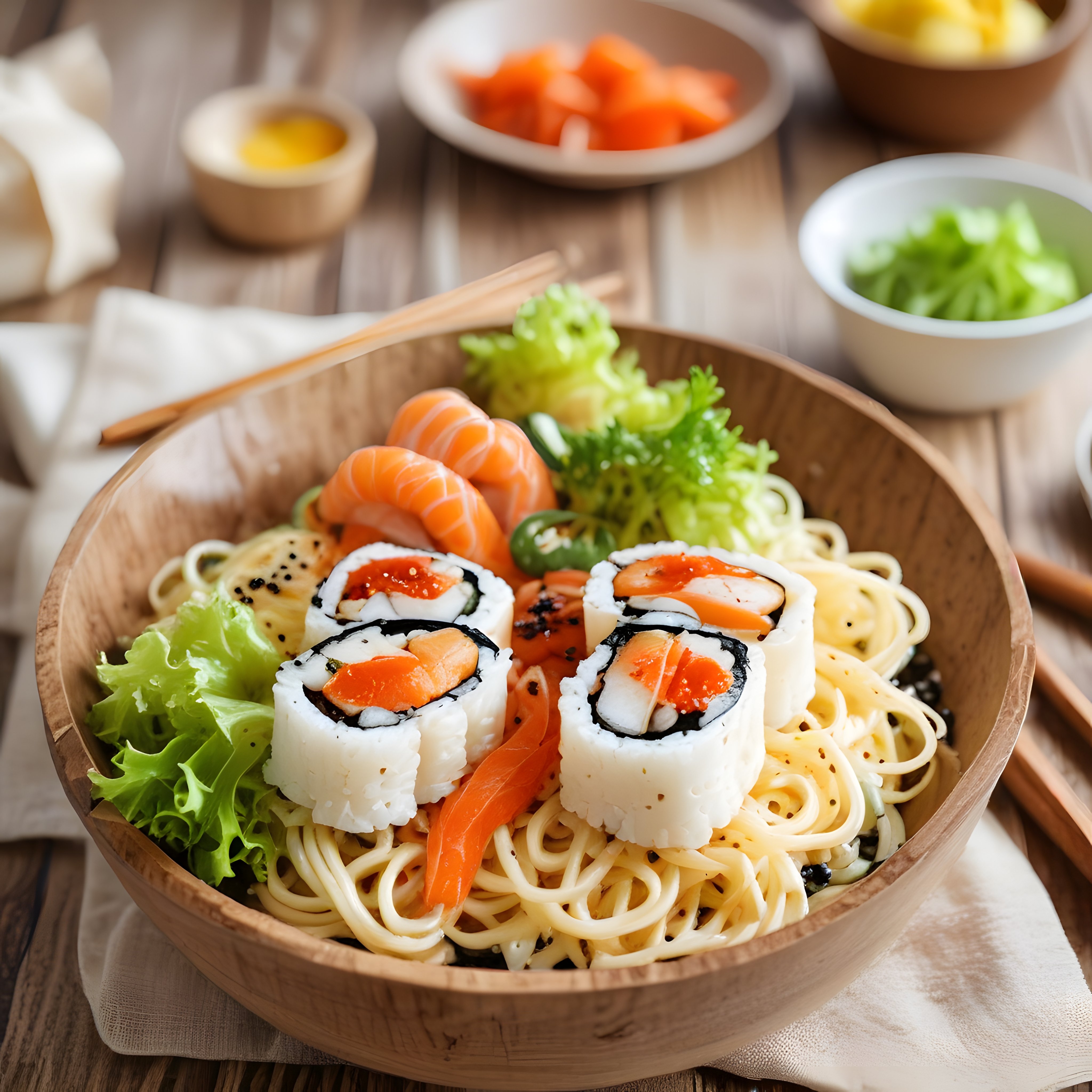 Ahşap Kapta Sushi ve Erişte Sunumu: Japon Mutfağının Egzotik Lezzet Şöleni