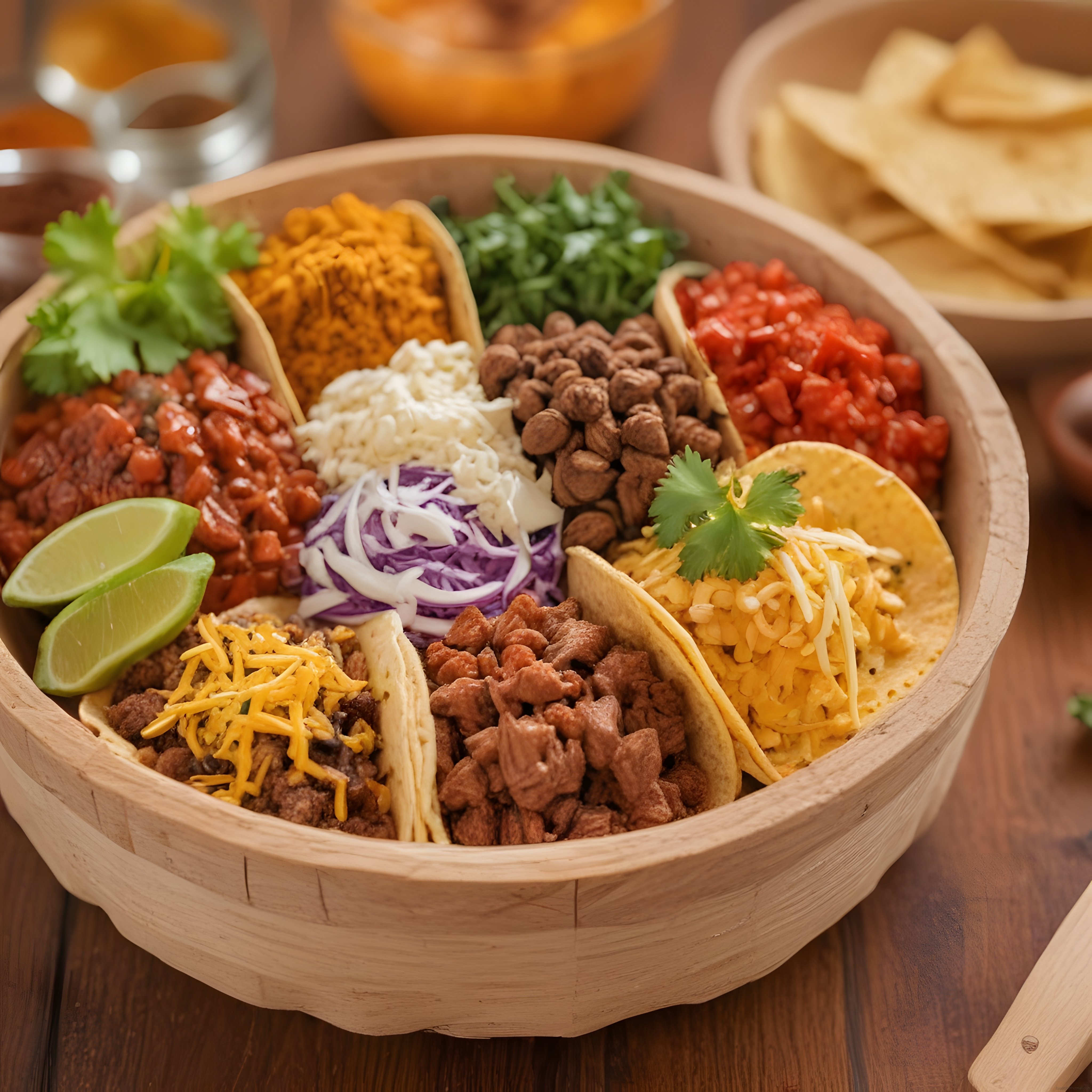 Ahşap Kapta Taco Platter: Meksika Mutfağından Et, Salsa ve Fasulye ile Dolu Lezzet Şöleni