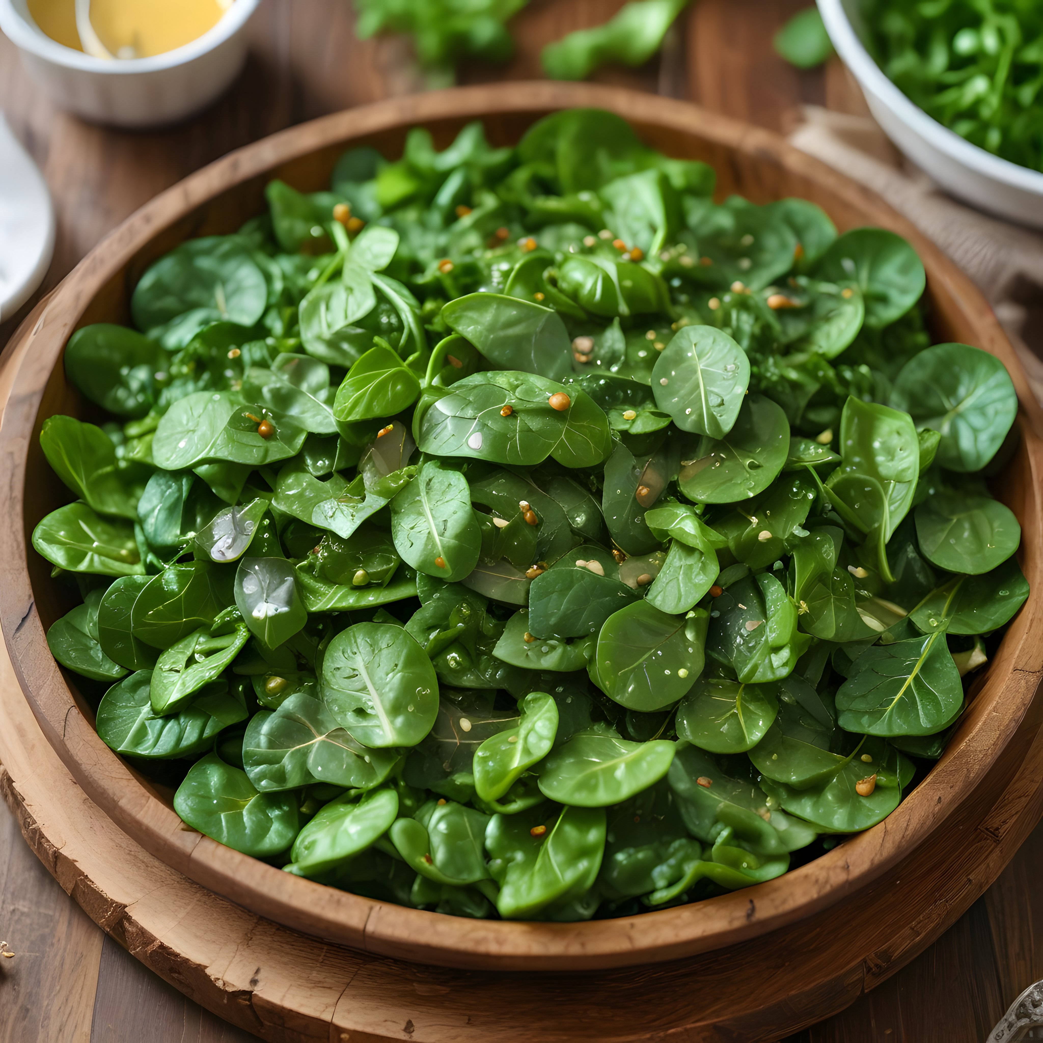 Ahşap kapta taze ıspanak yaprakları: Limonlu soslu ve baharatlı sağlıklı salata