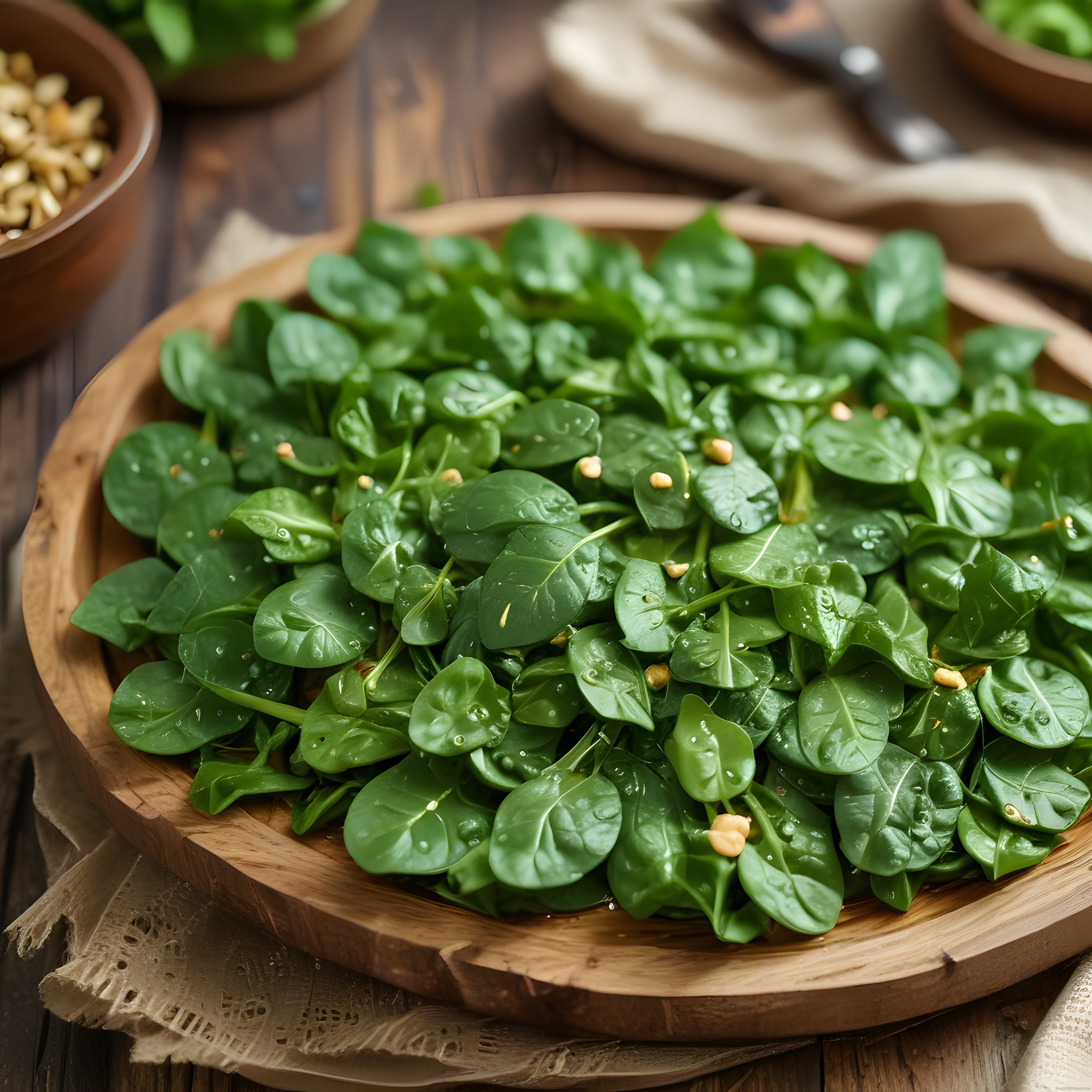 Ahşap kapta taze ıspanak yaprakları ve çam fıstığı ile besleyici salata sunumu