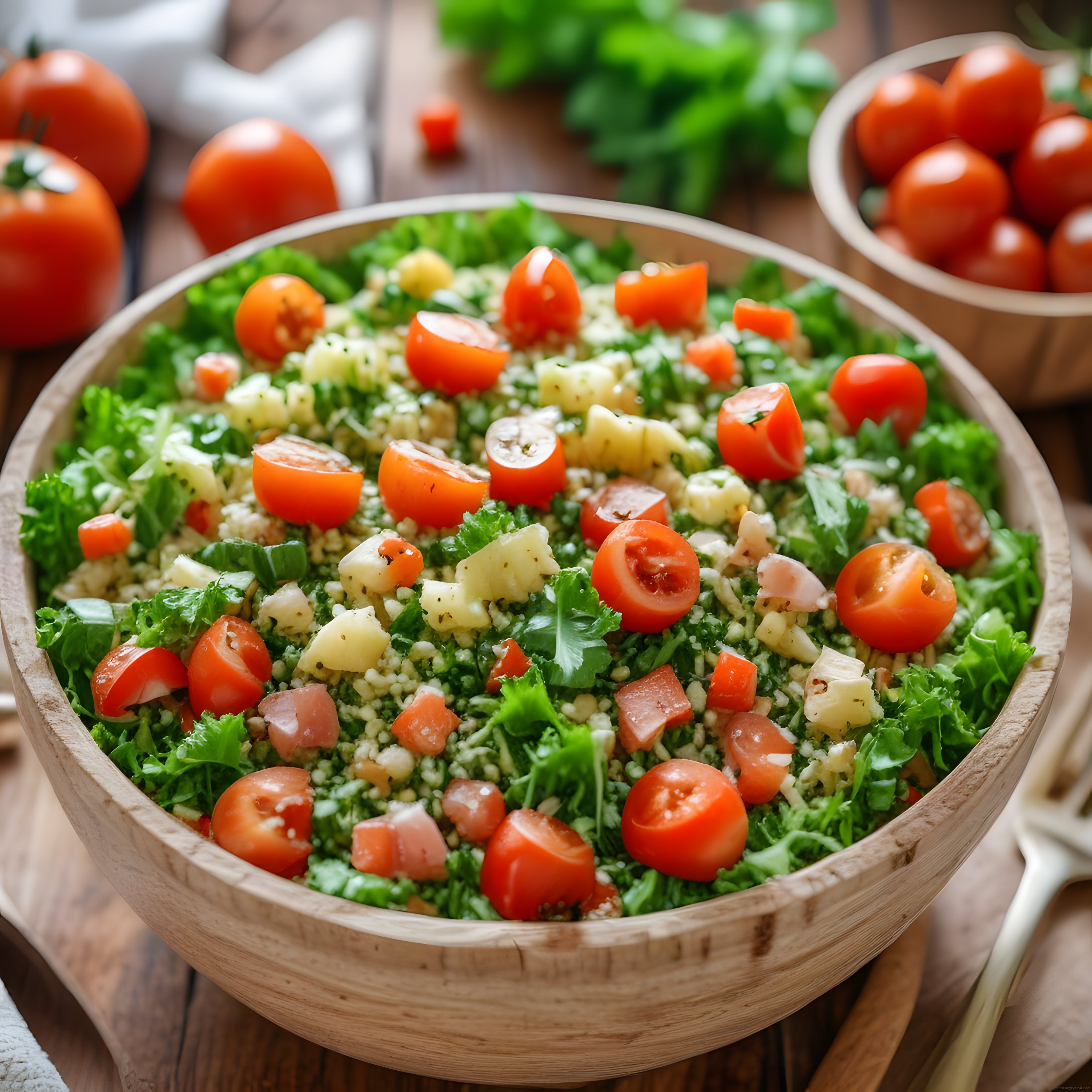 Ahşap Kapta Taze Peynirli Domatesli ve Bulgurlu Akdeniz Salatası Tarifi