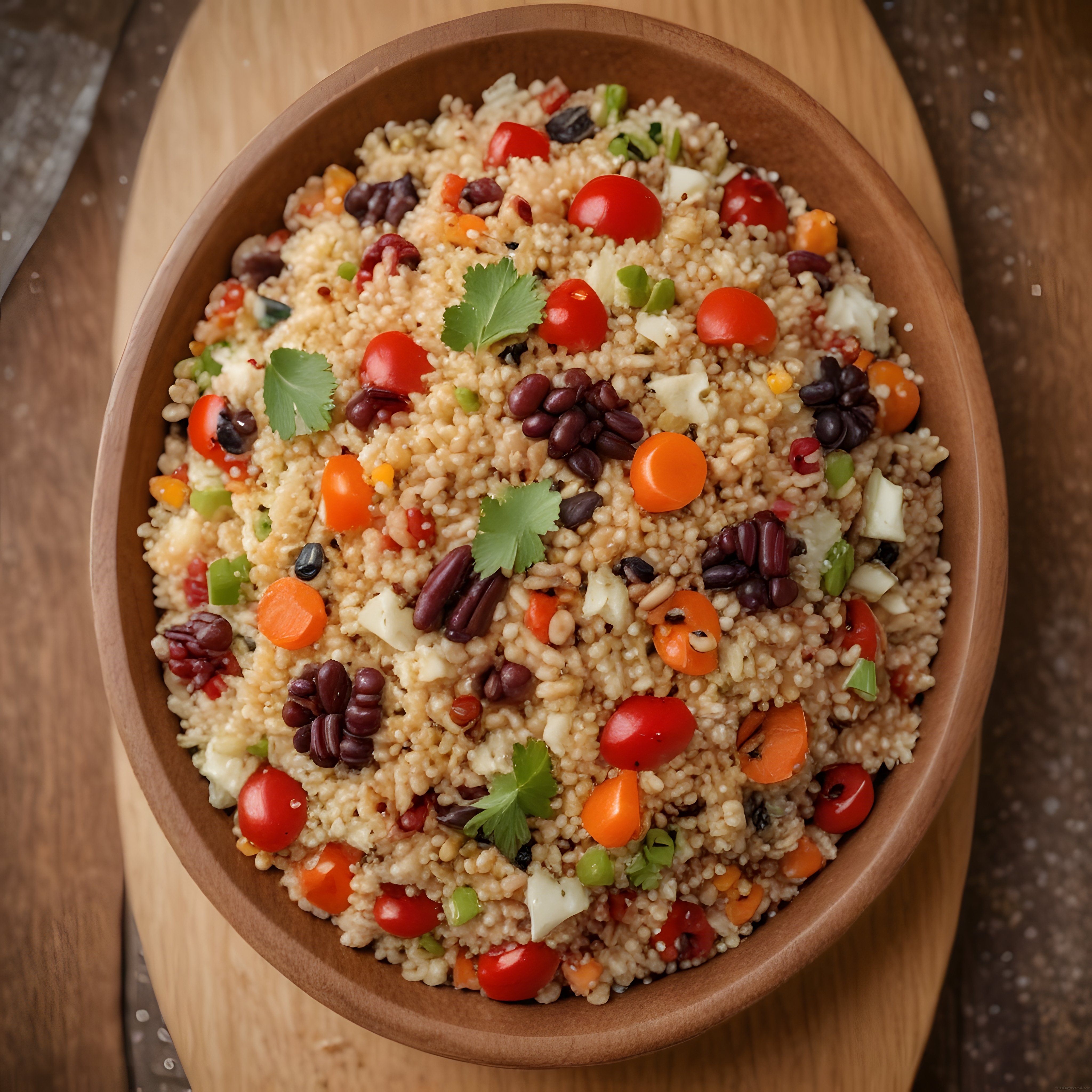 Ahşap Kapta Taze Sebzeli ve Bakliyatlı Kinoalı Salata Sunumu