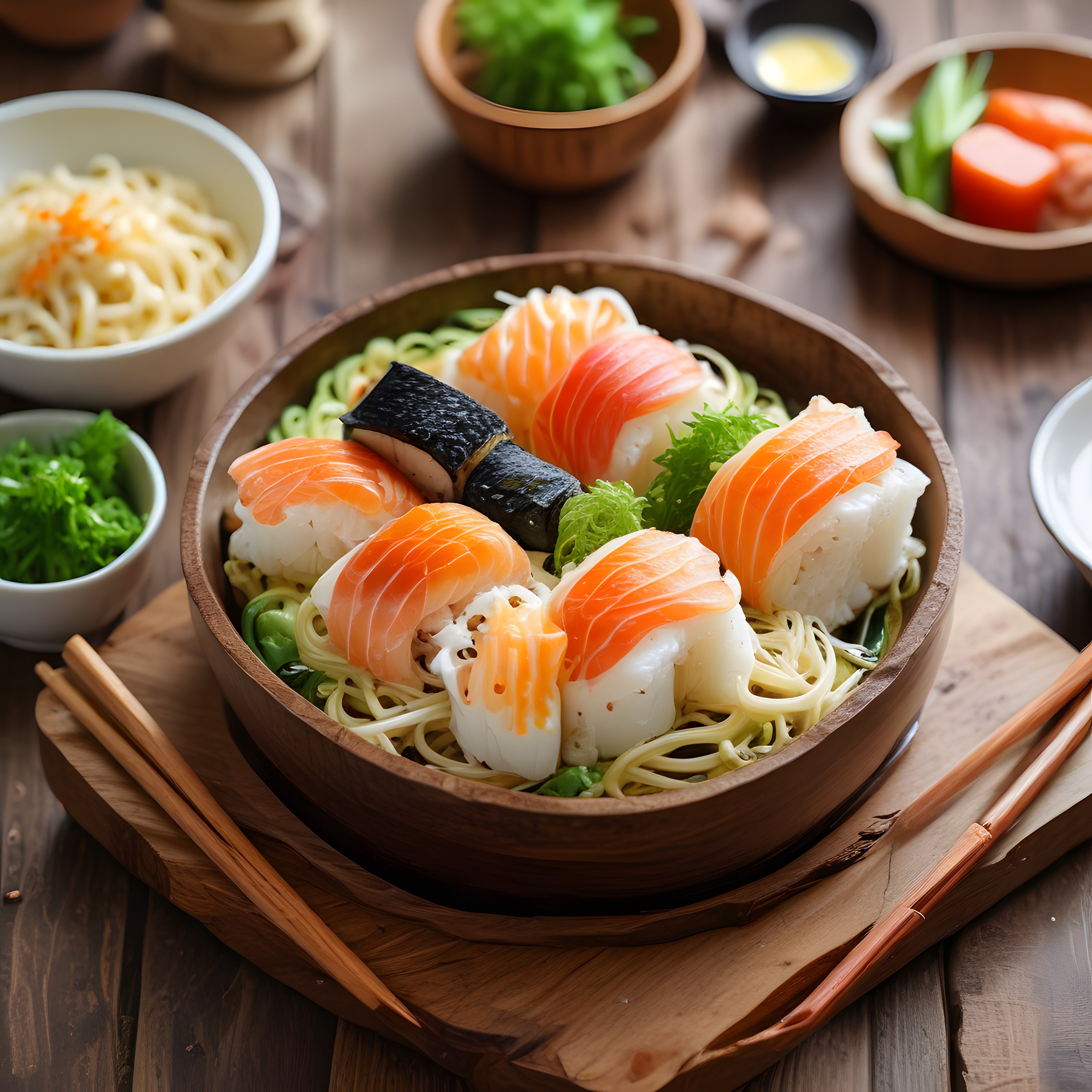 Ahşap Kapta Taze Somonlu Sushi: Japon Mutfağından Şık ve Sağlıklı Sunum