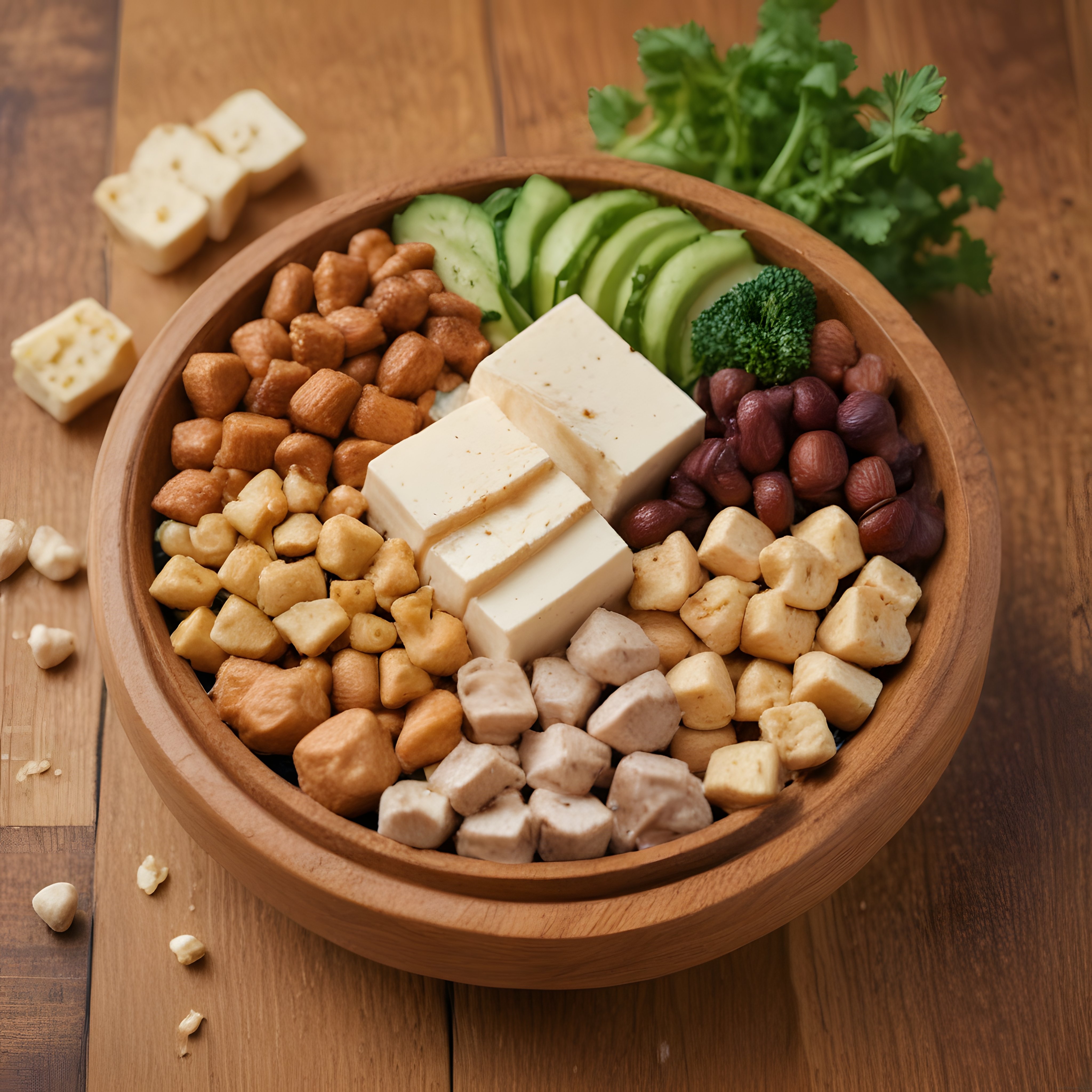 Ahşap Kapta Tofu, Avokado ve Baklagillerle Hazırlanmış Sağlıklı Vegan Kase