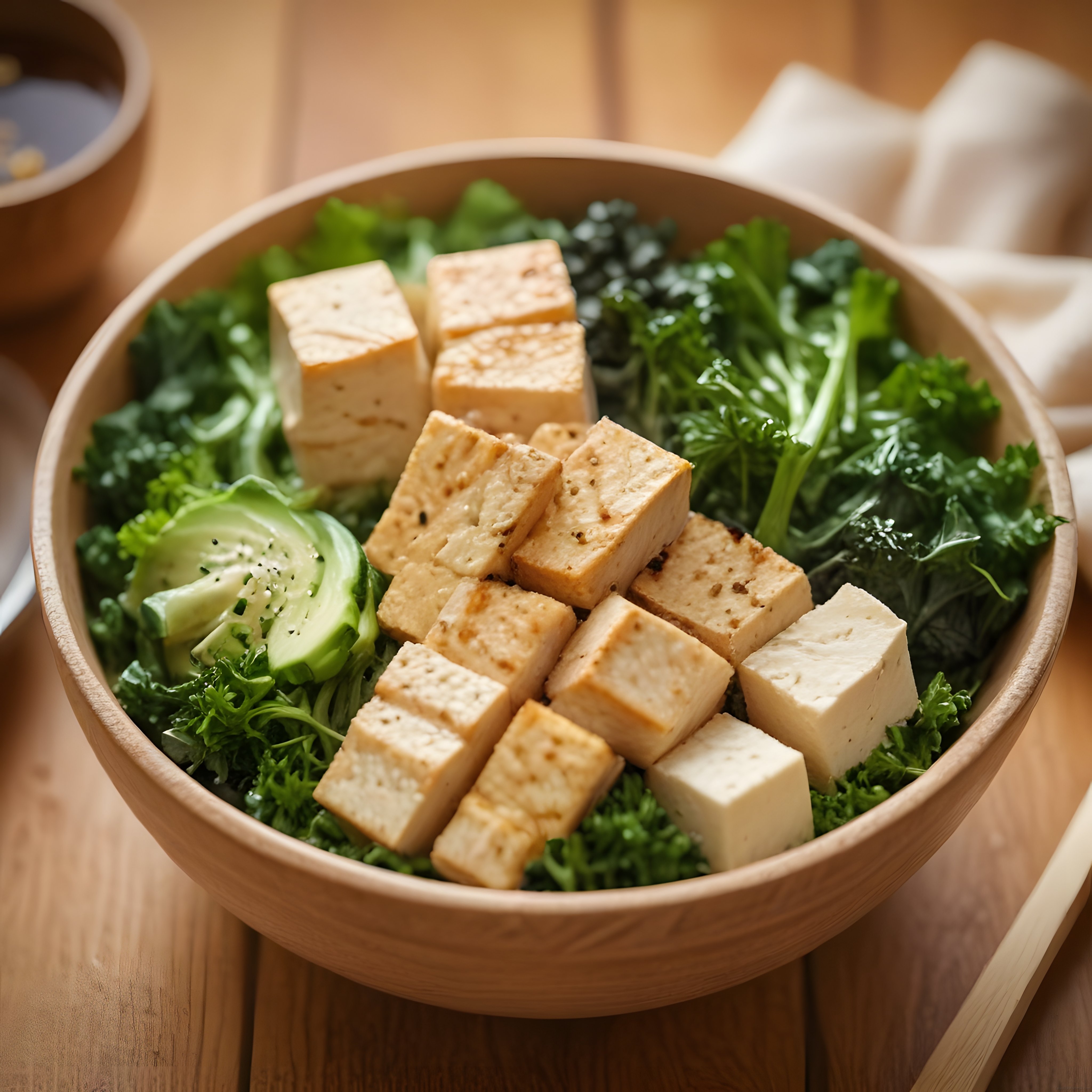 Ahşap Kapta Tofu ve Avokadolu Vegan Yeşil Kase: Besleyici Plant Based Öğün