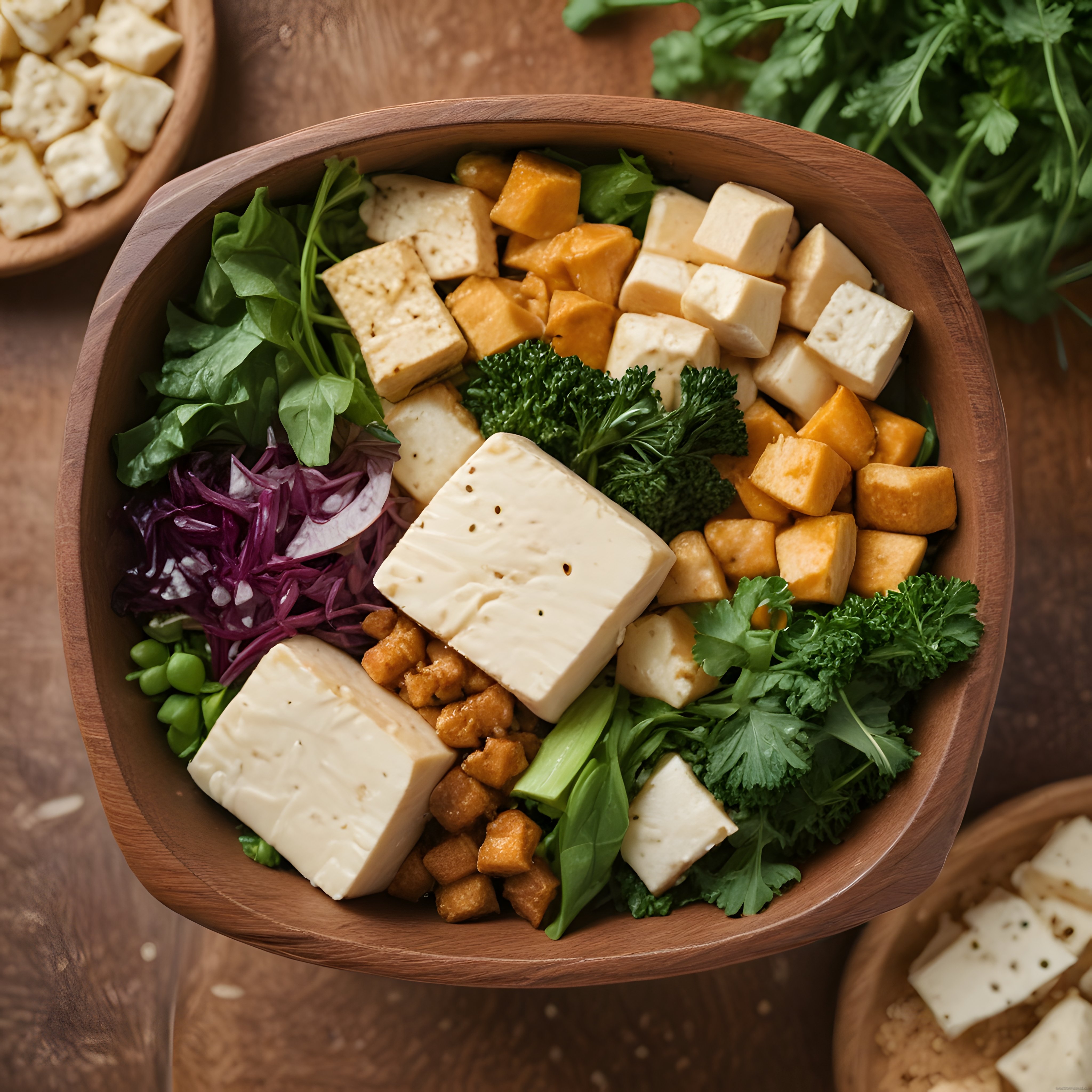 Ahşap Kapta Tofu ve Taze Yeşilliklerle Hazırlanmış Sağlıklı ve Besleyici Kase
