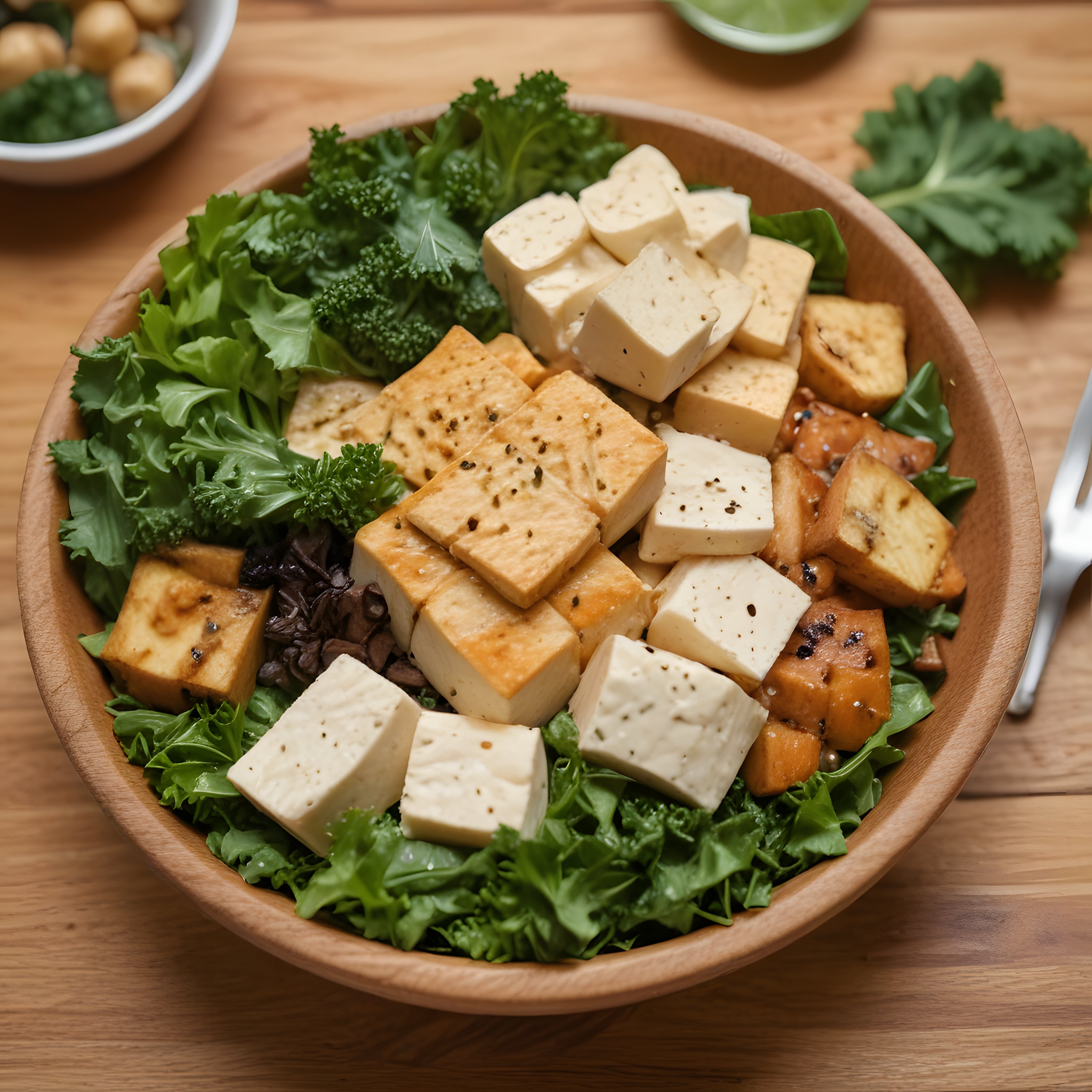 Ahşap kapta tofu ve yeşilliklerle hazırlanan sağlıklı vegan buddha bowl