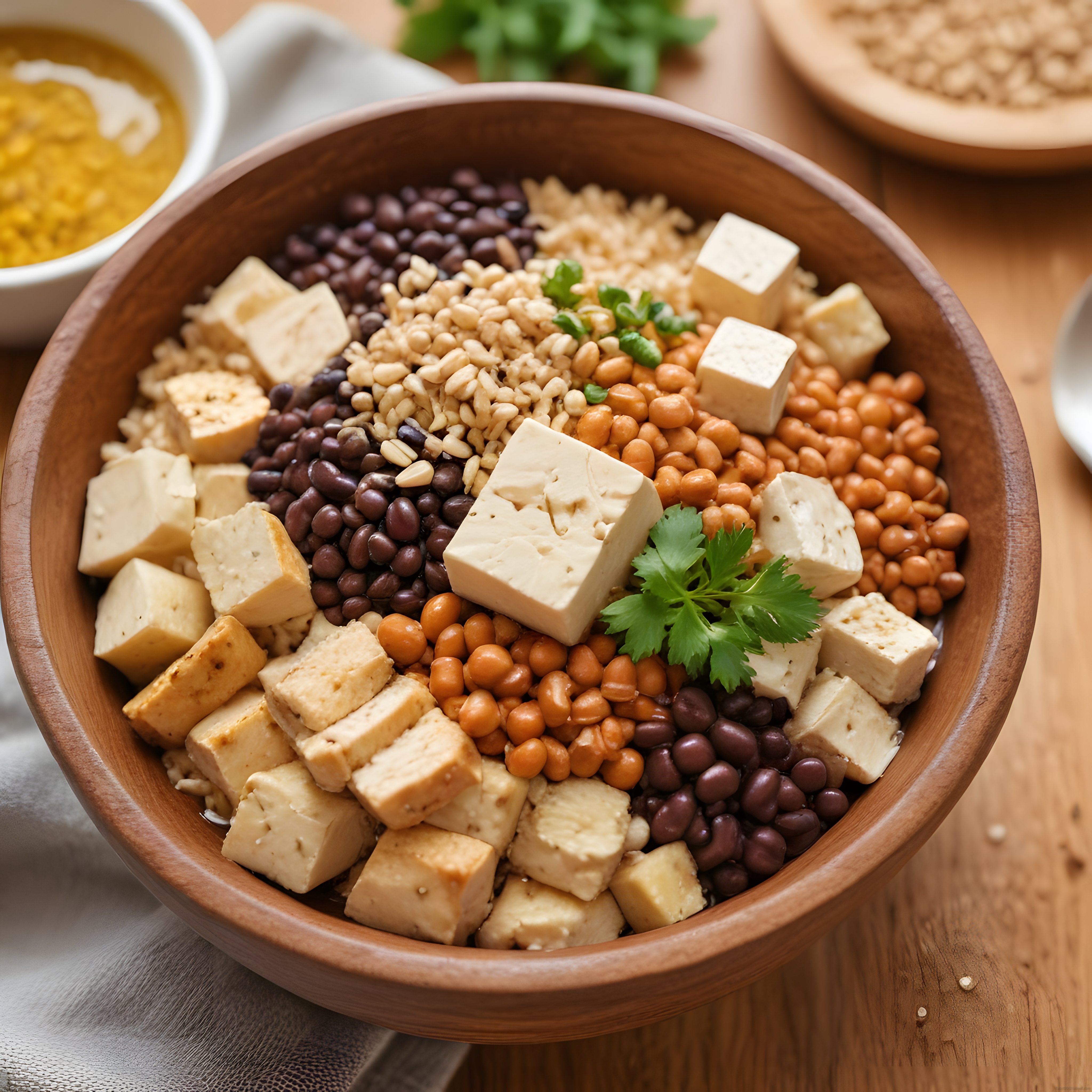 Ahşap Kapta Tofulu Bakliyatlı Vegan Protein Kasesi: Sağlıklı Öğün