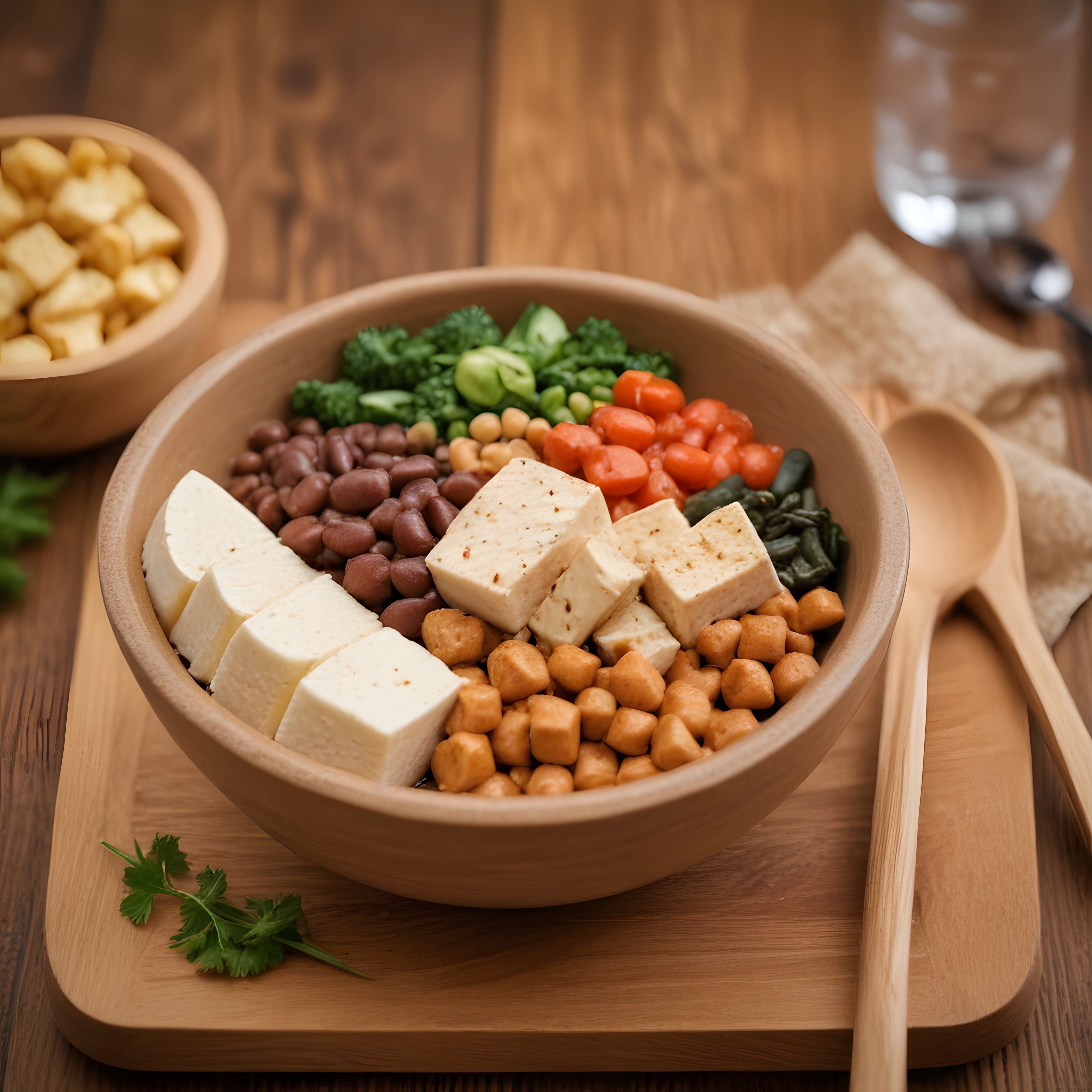 Ahşap kapta vegan protein kasası taze sebzeler ve tofu ile sağlıklı beslenme