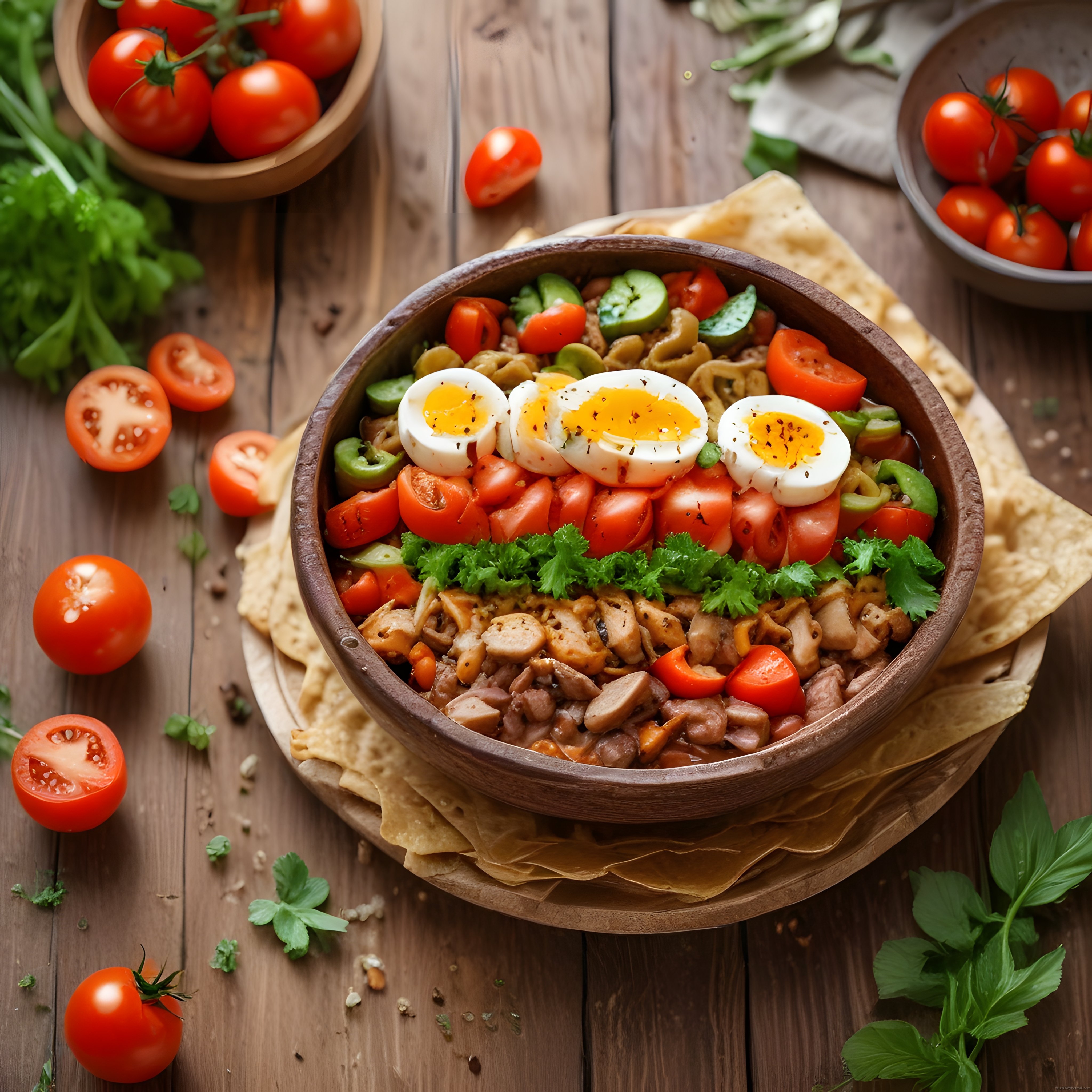 Ahşap Kapta Yumurtalı Tavuklu Sebzeli Sağlıklı Kase Yemeği Sunumu