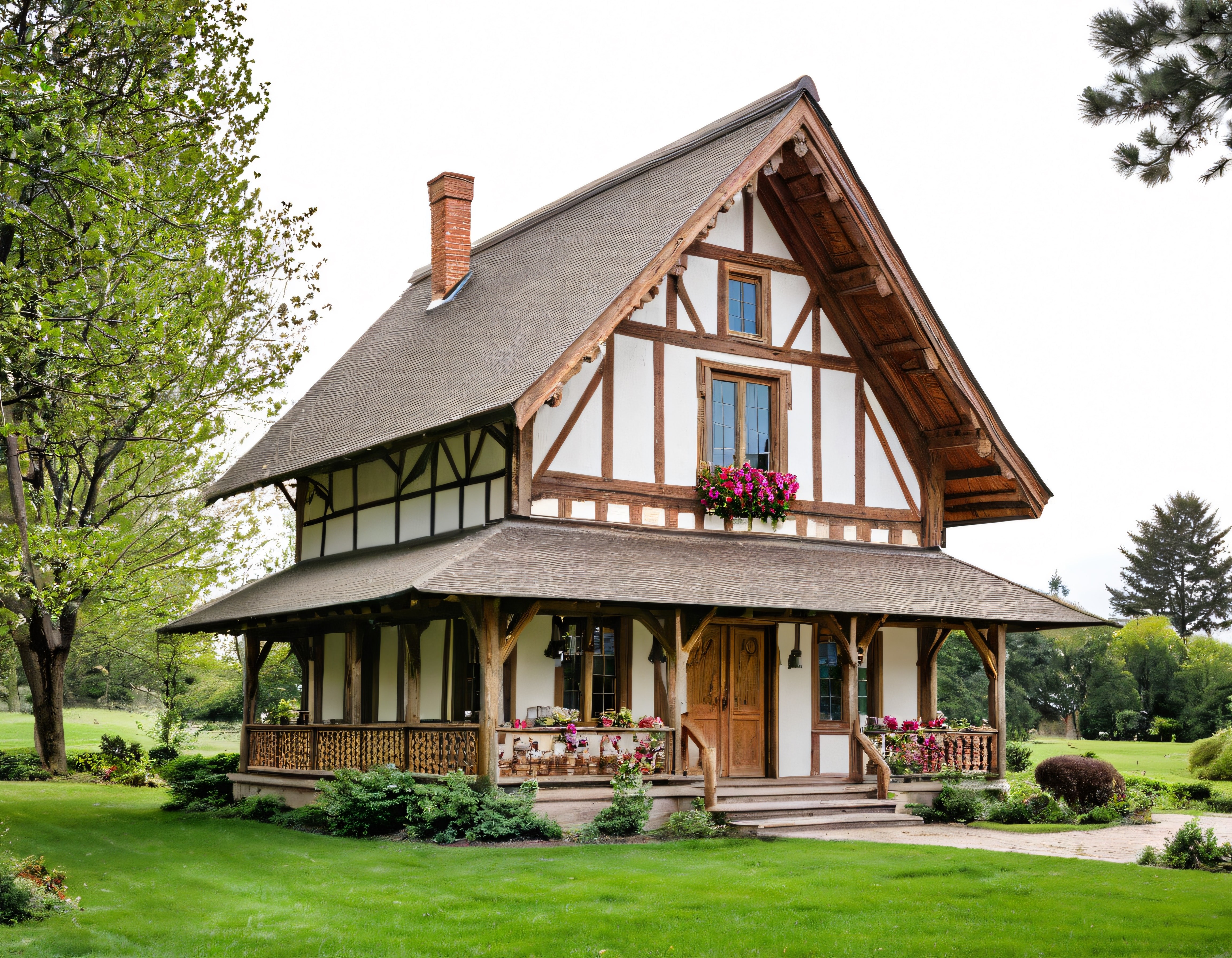 Ahşap Karkas Detaylı Şirin Kır Evi ve Yemyeşil Bahçe Manzarası