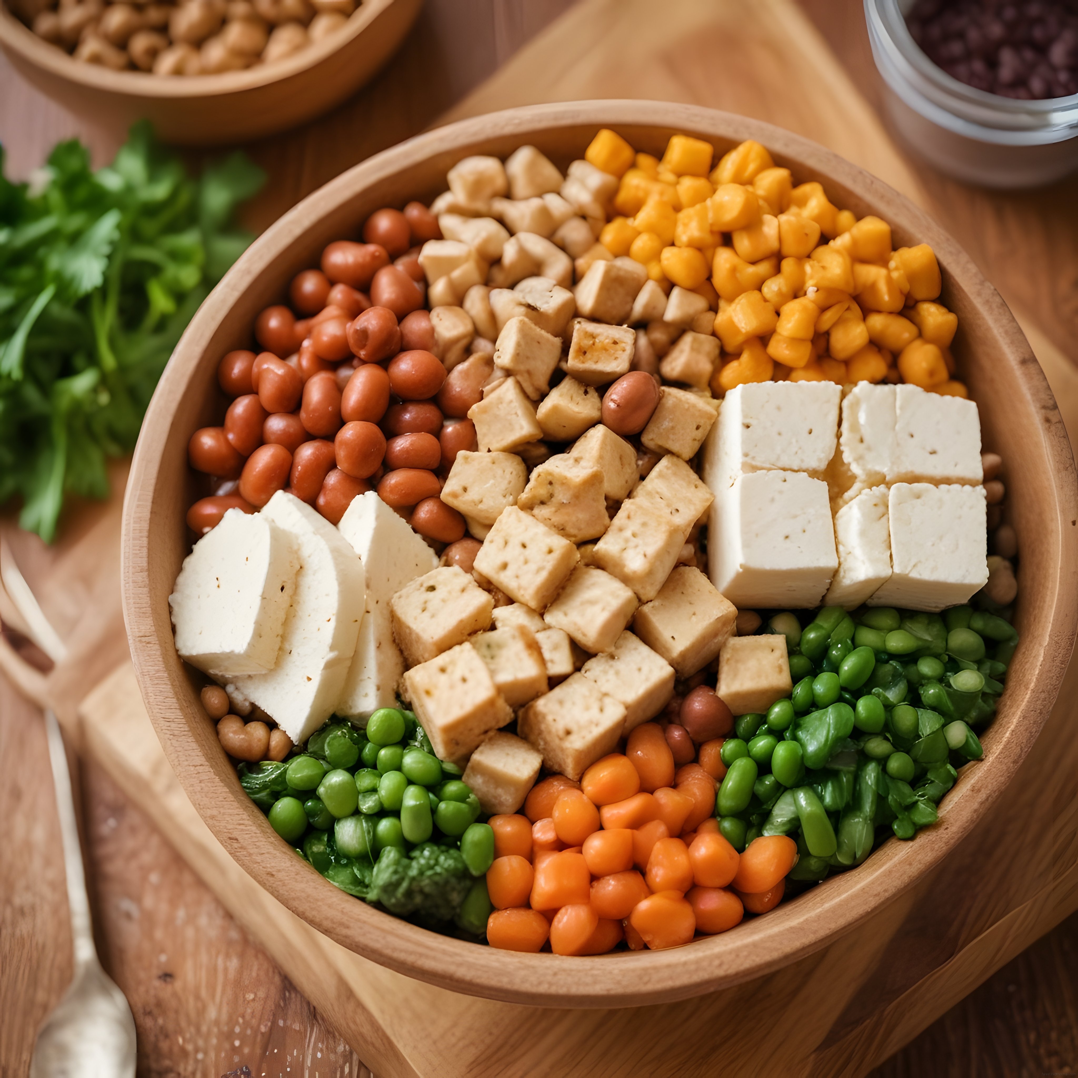 Ahşap Kasada Renkli Buddha Bowl: Vegan Protein ve Taze Sebzeler