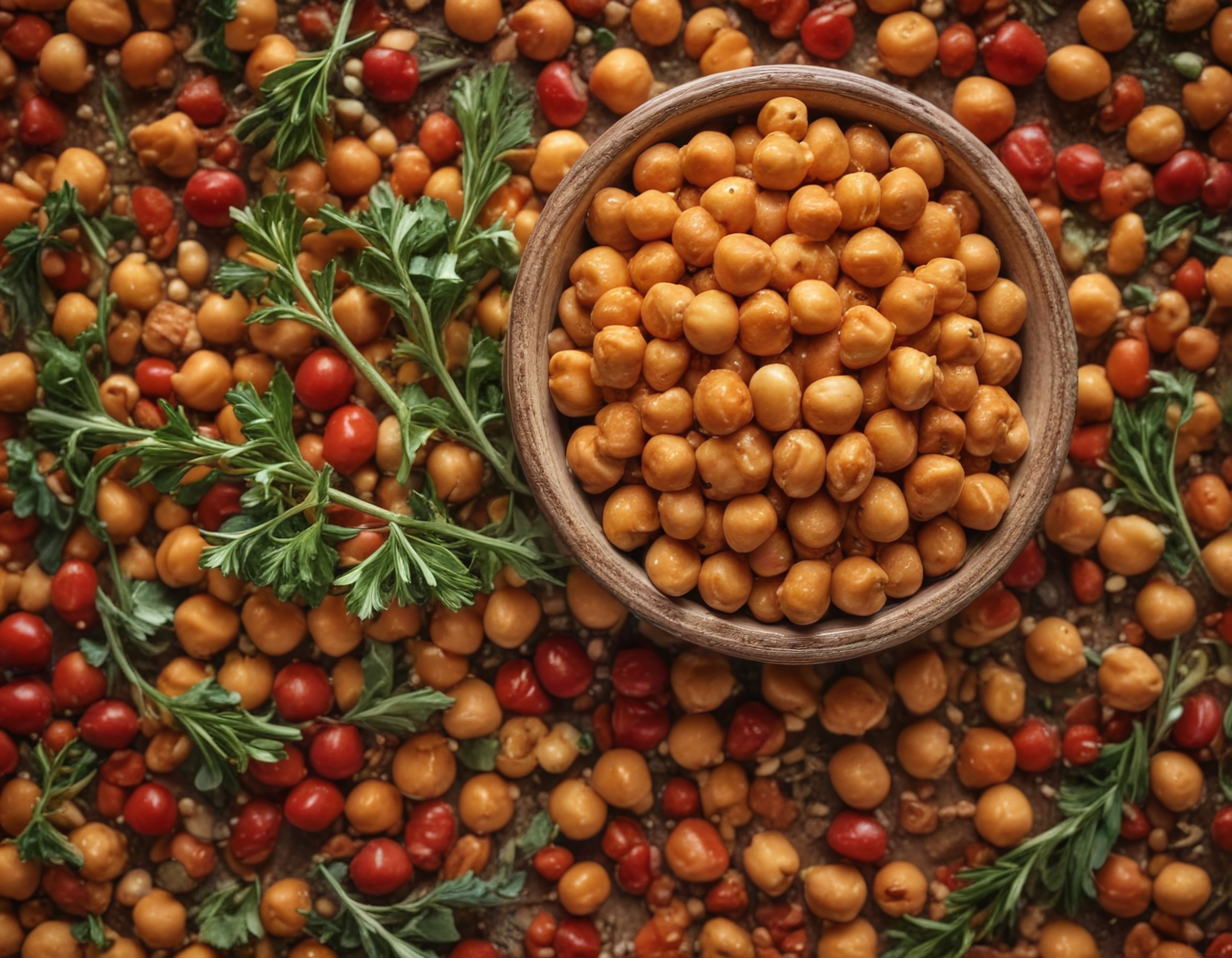 Ahşap Kase İçinde Nohut ve Taze Yeşilliklerle Süslenmiş Sağlıklı Vegan Obje