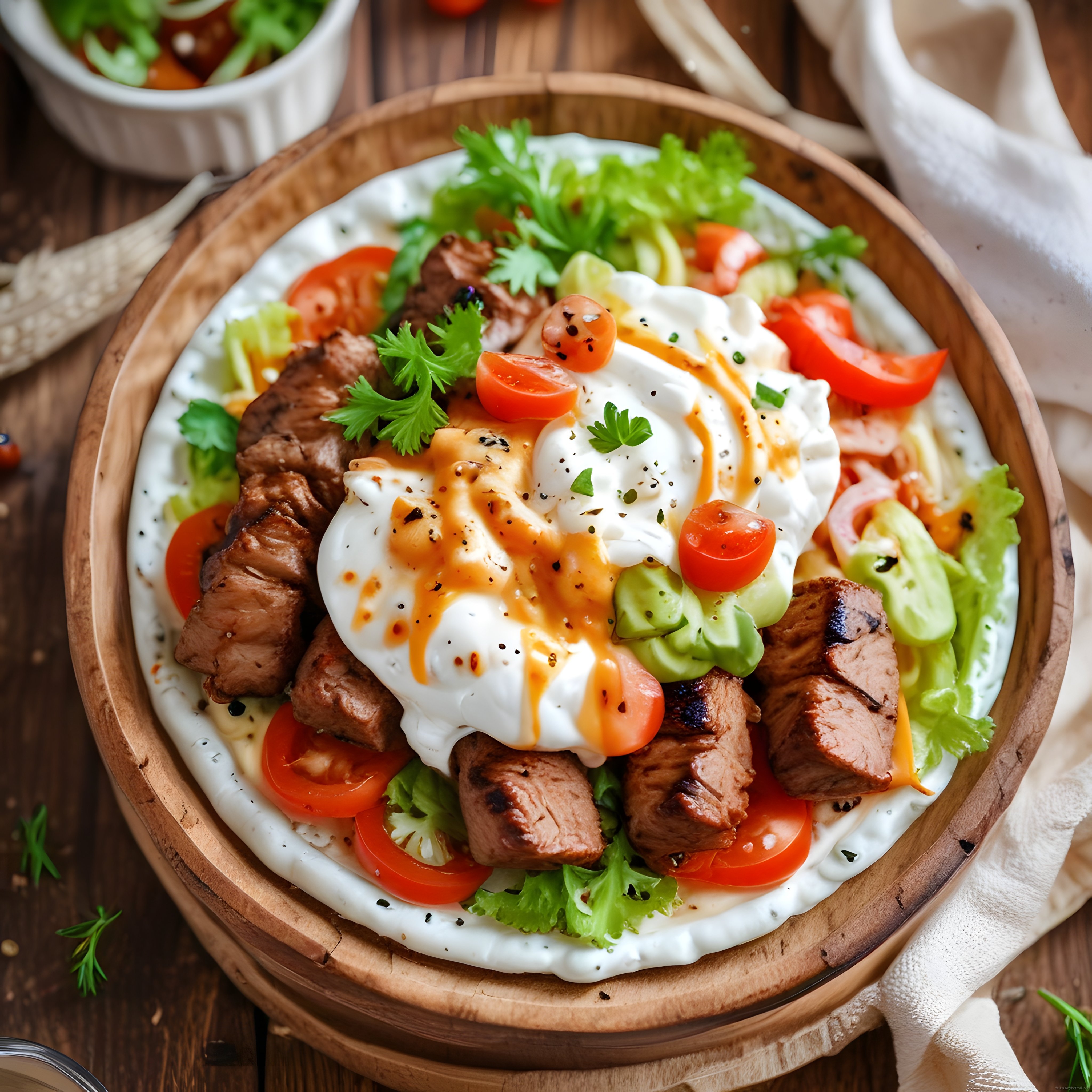 Ahşap Kasedde Izgara Etli, Soslu Yumurtalı ve Taze Sebzeli Nefis Bowl