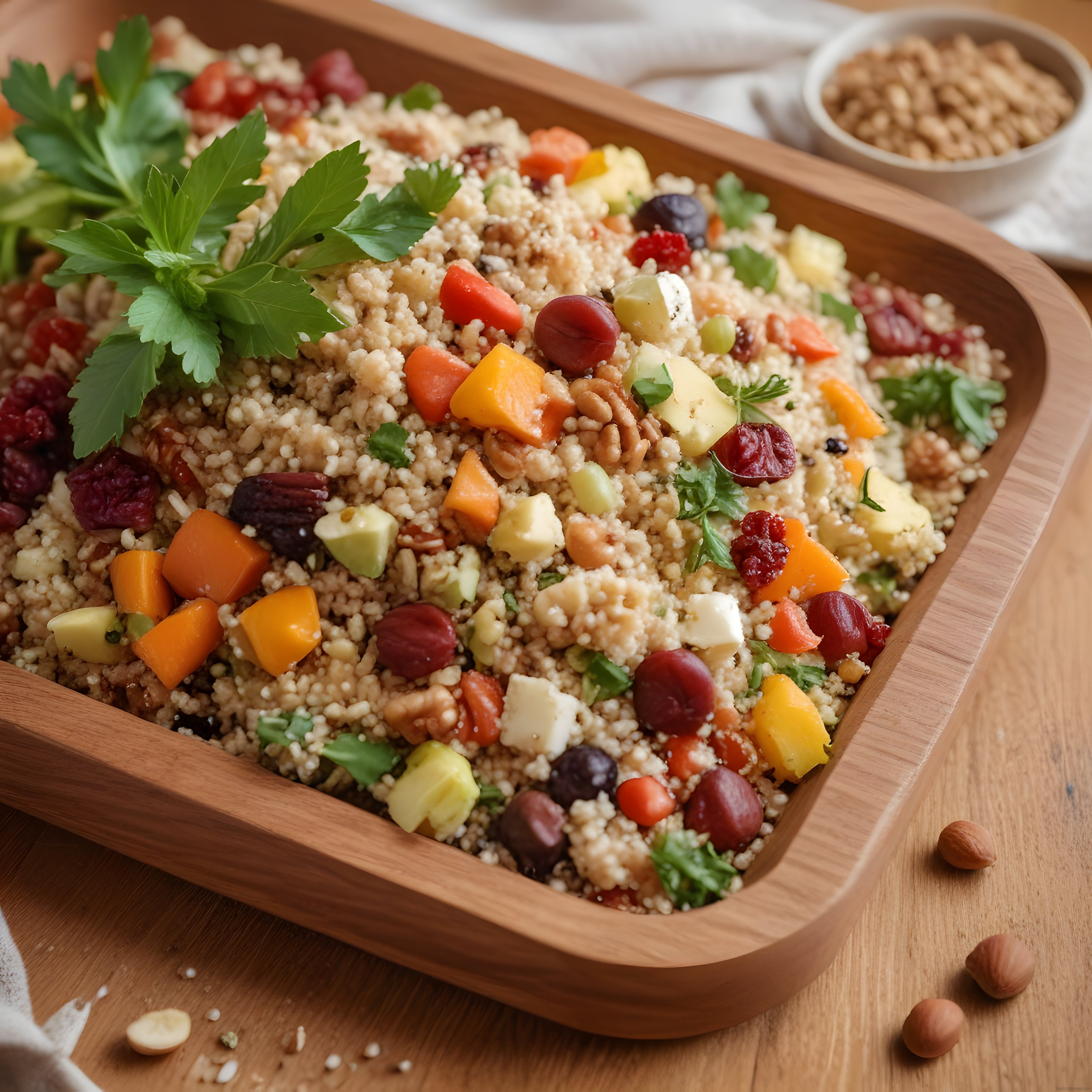 ahşap kasede avokado ve kuru meyveli kuskus salatası sağlıklı sunum