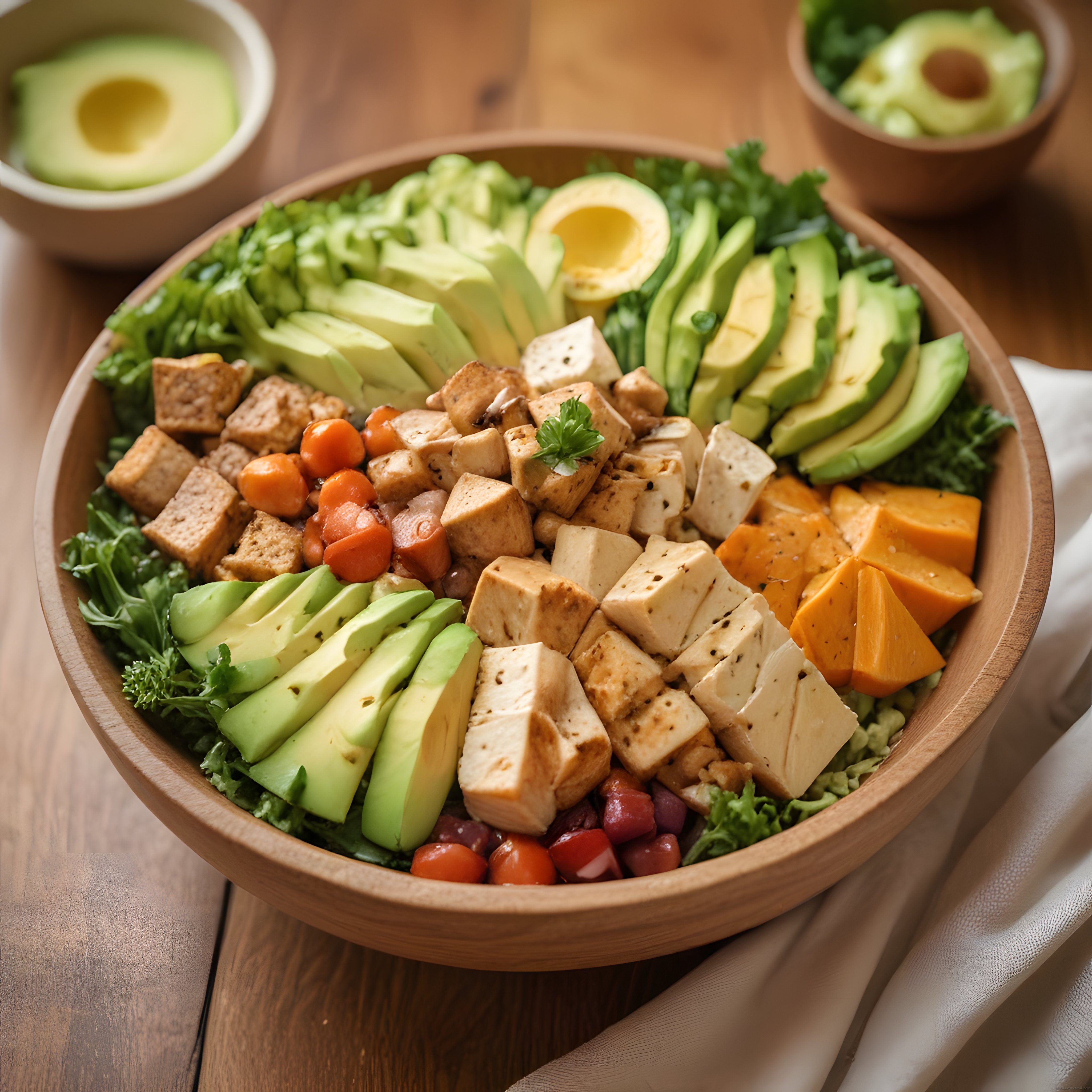 Ahşap kasede avokado ve tofulu renkli vegan buddha bowl sunumu