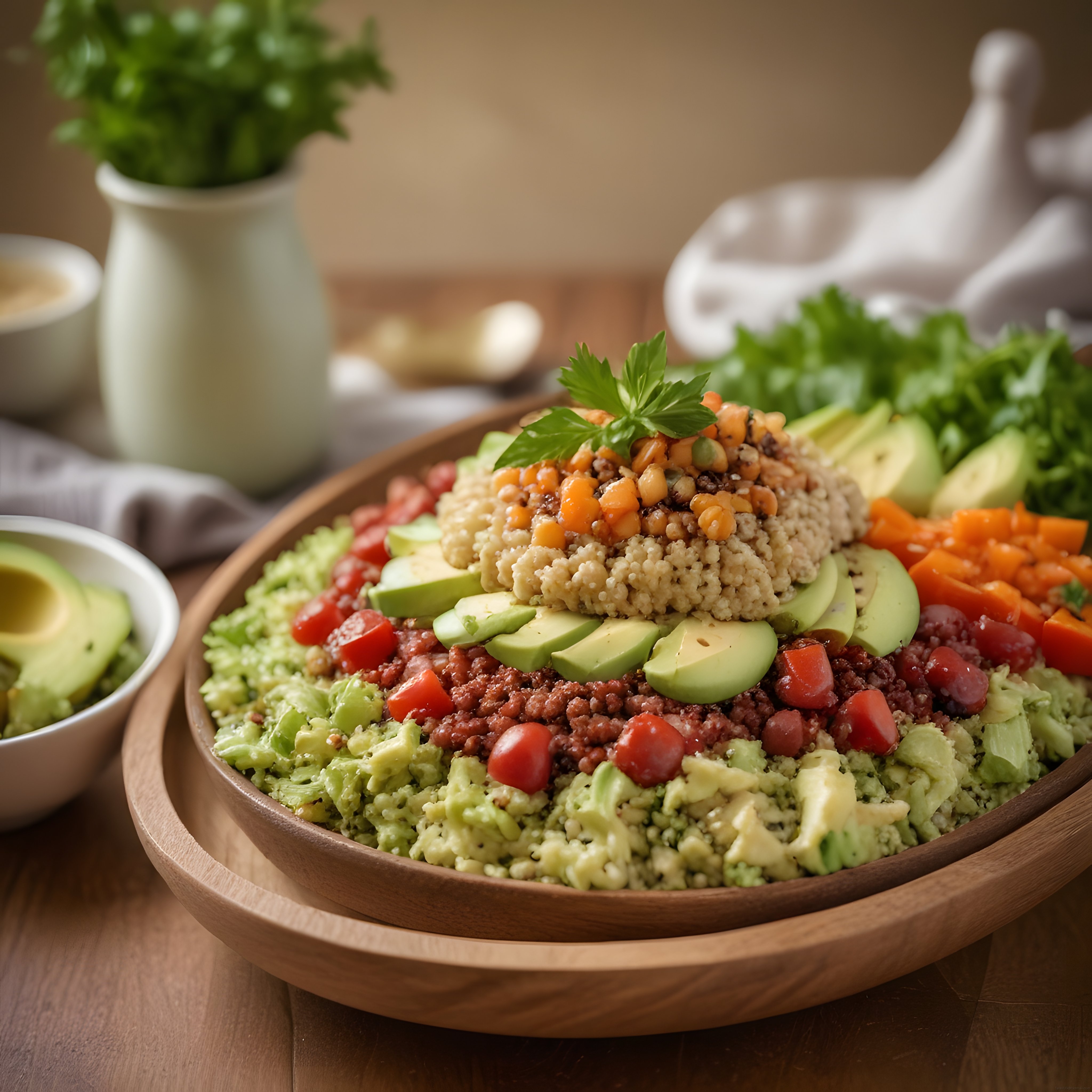 Ahşap Kasede Avokadolu Kinoalı Renkli Sağlıklı Vegan Buddha Bowl Sunumu
