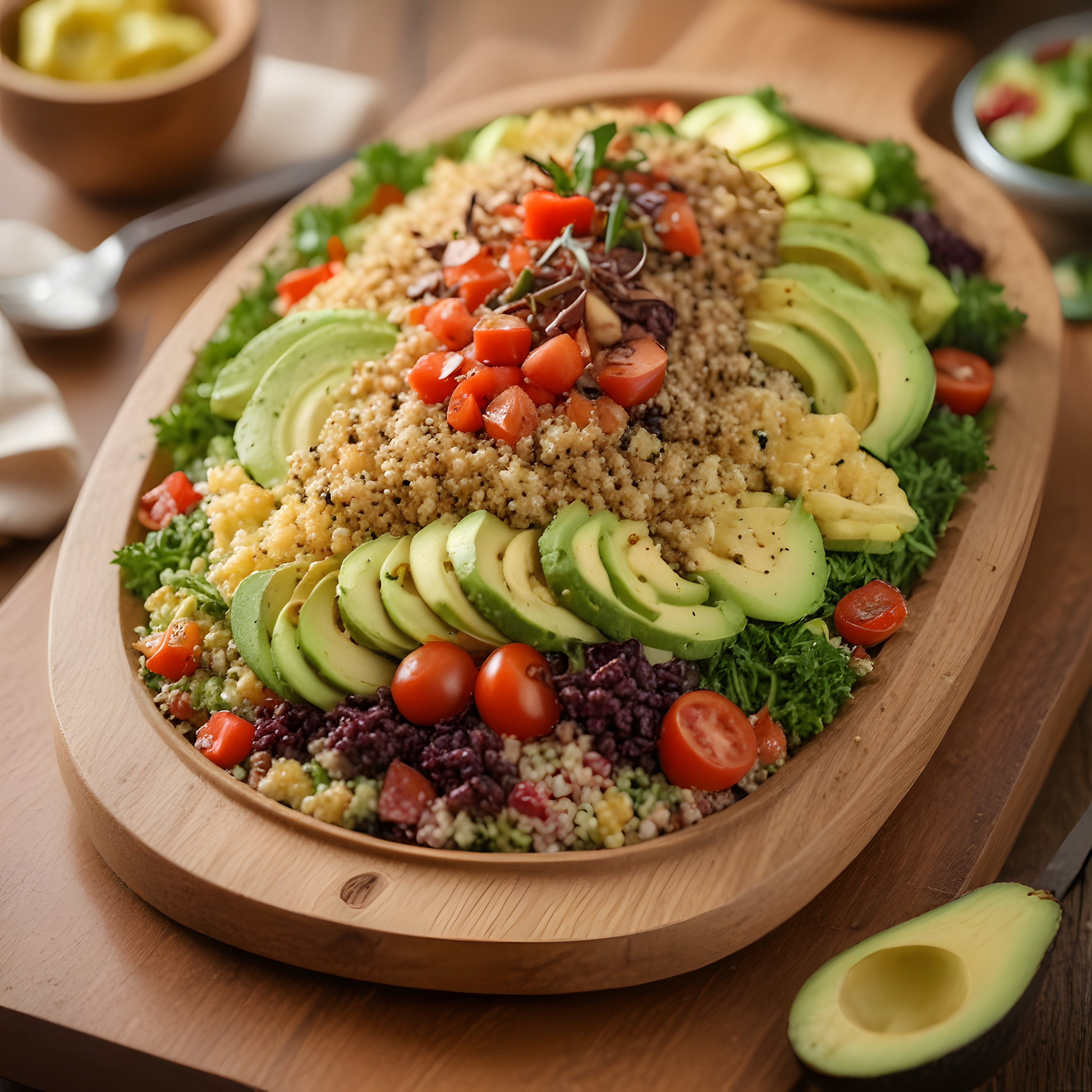 Ahşap Kasede Avokadolu Kinoalı Renkli ve Sağlıklı Buddha Bowl Sunumu