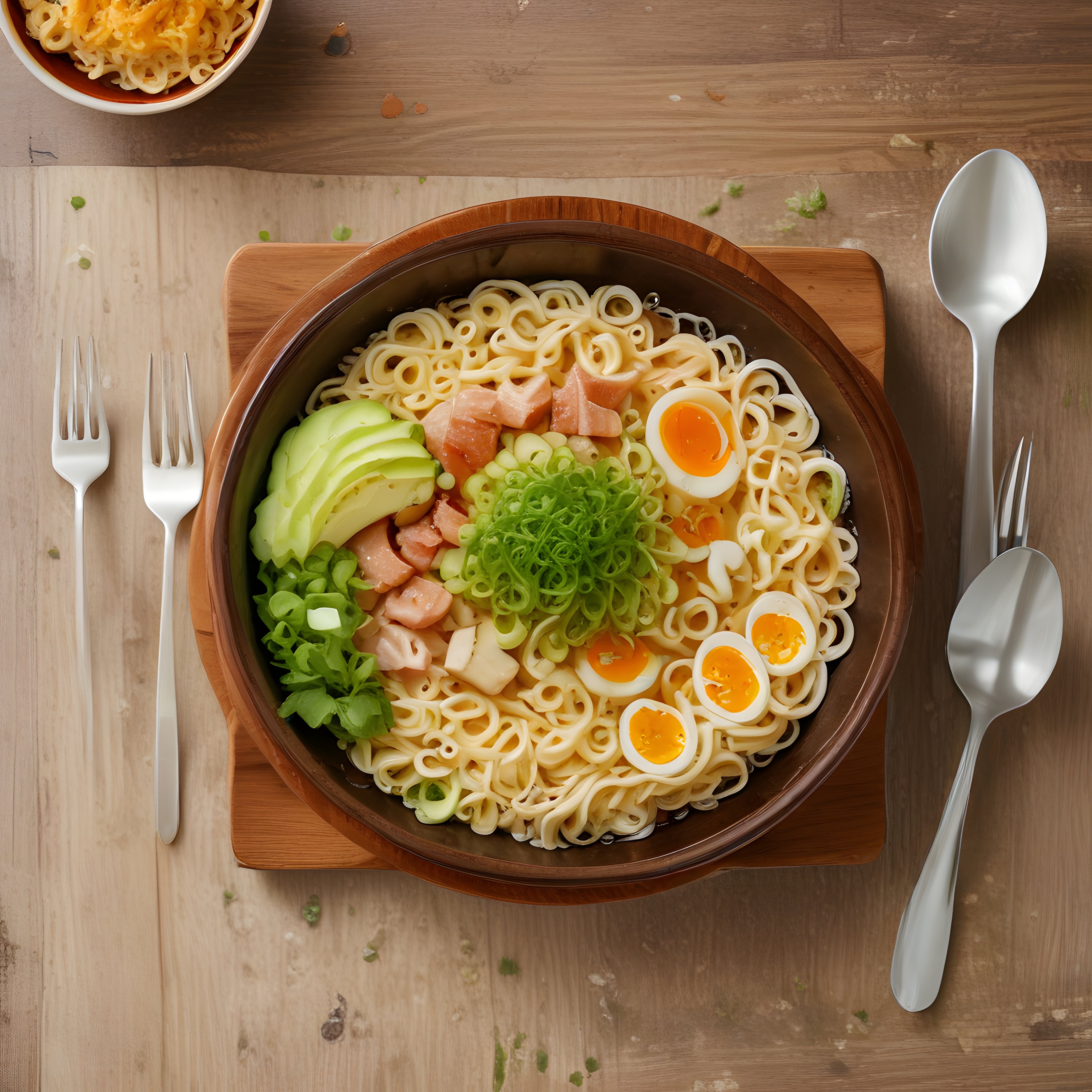 Ahşap Kasede Avokadolu, Somonlu ve Yumuşak Yumurtalı Noodle Sunumu