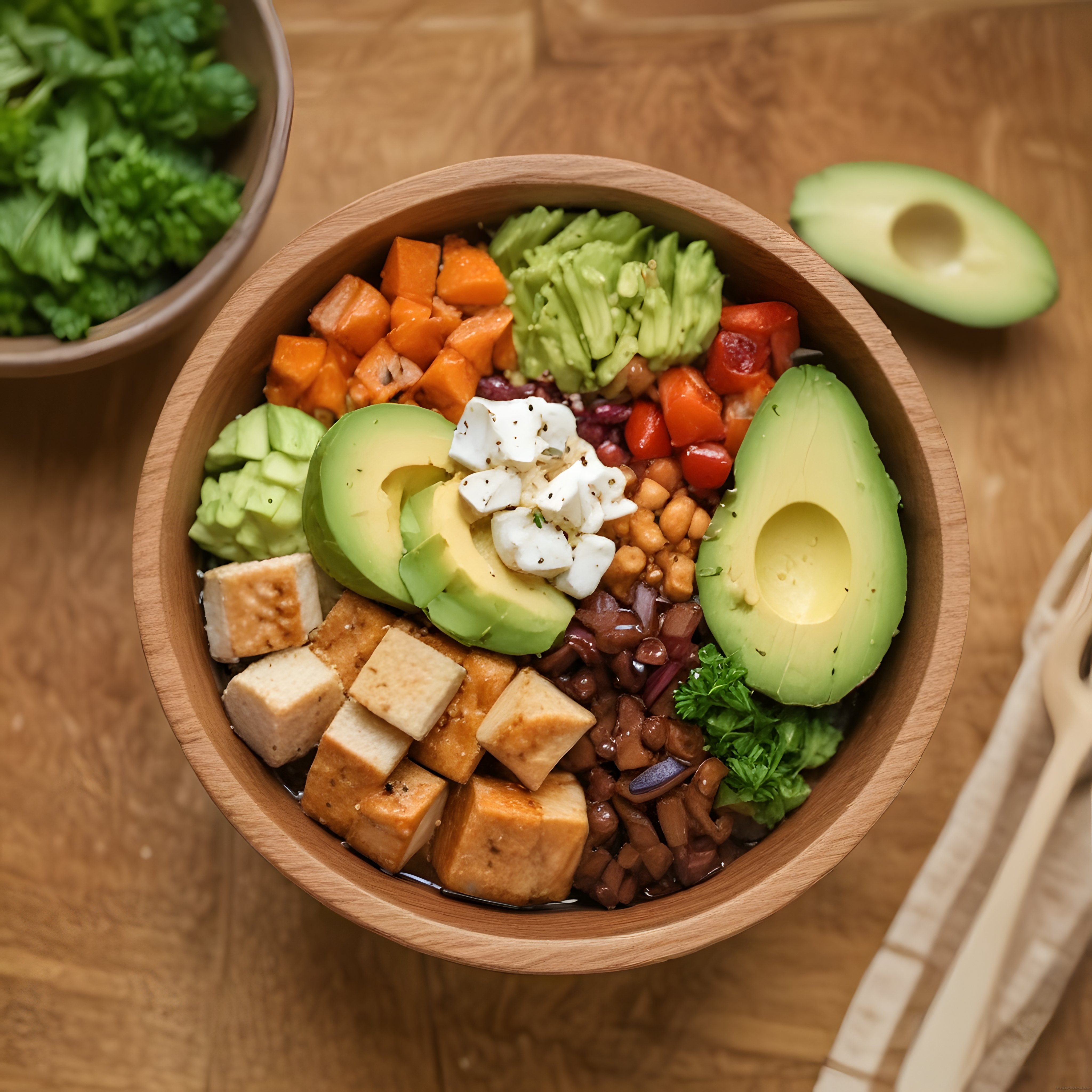 Ahşap kasede avokadolu tofulu nohutlu renkli ve besleyici vegan buddha bowl