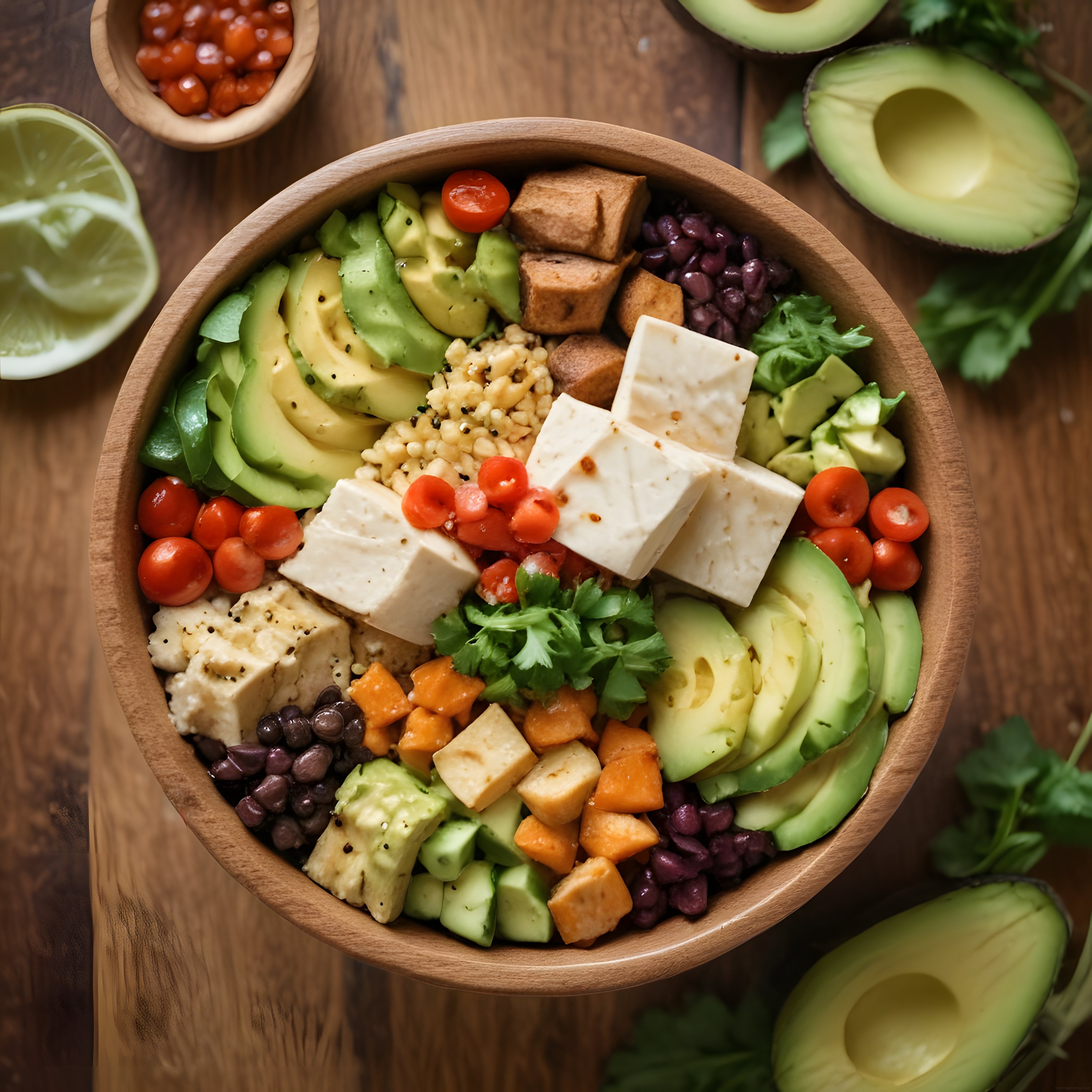 Ahşap Kasede Avokadolu Tofulu Renkli Vegan Buddha Bowl Tarifi ve Sunum