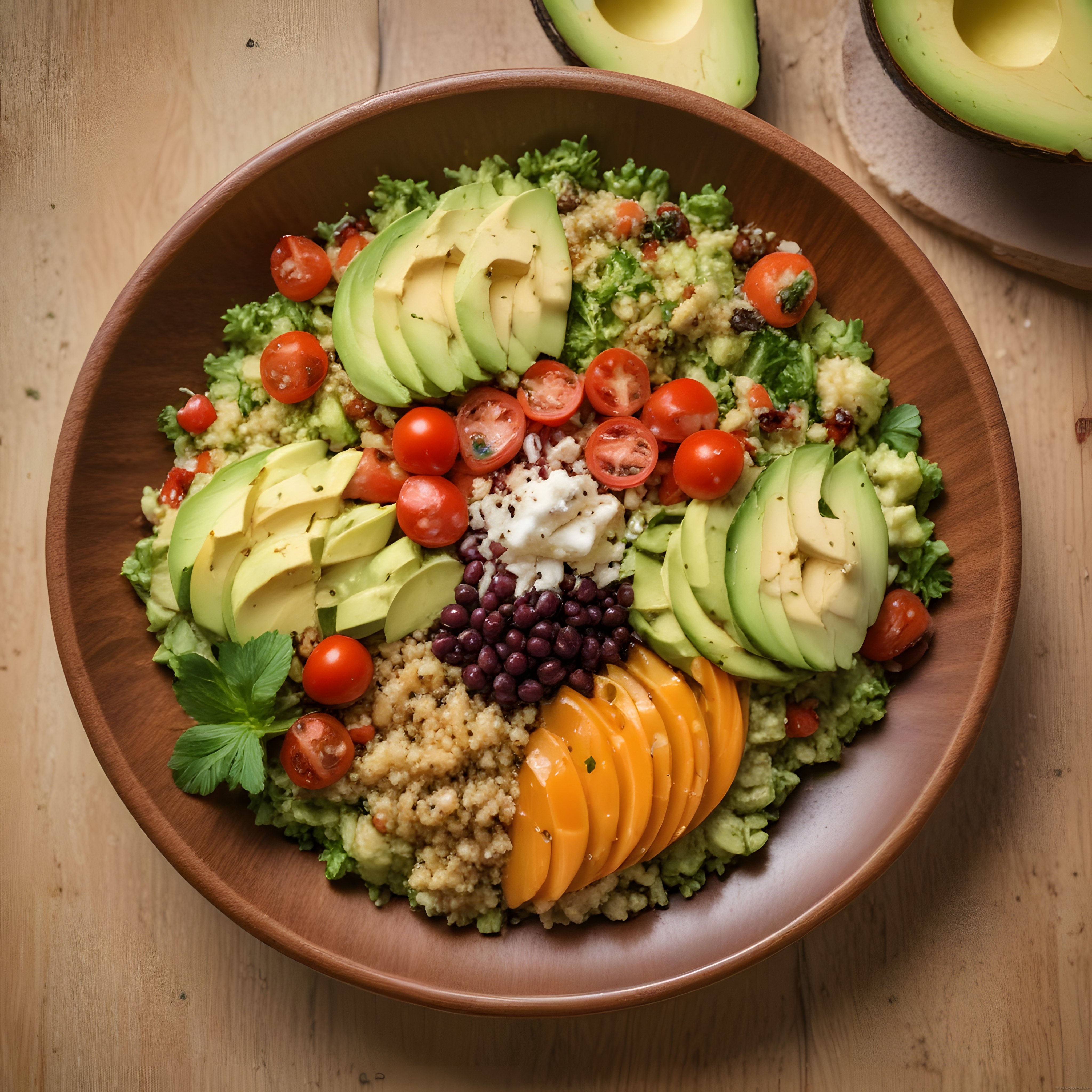 Ahşap Kasede Avokadolu ve Kinoalı Renkli Sağlıklı Vegan Bowl