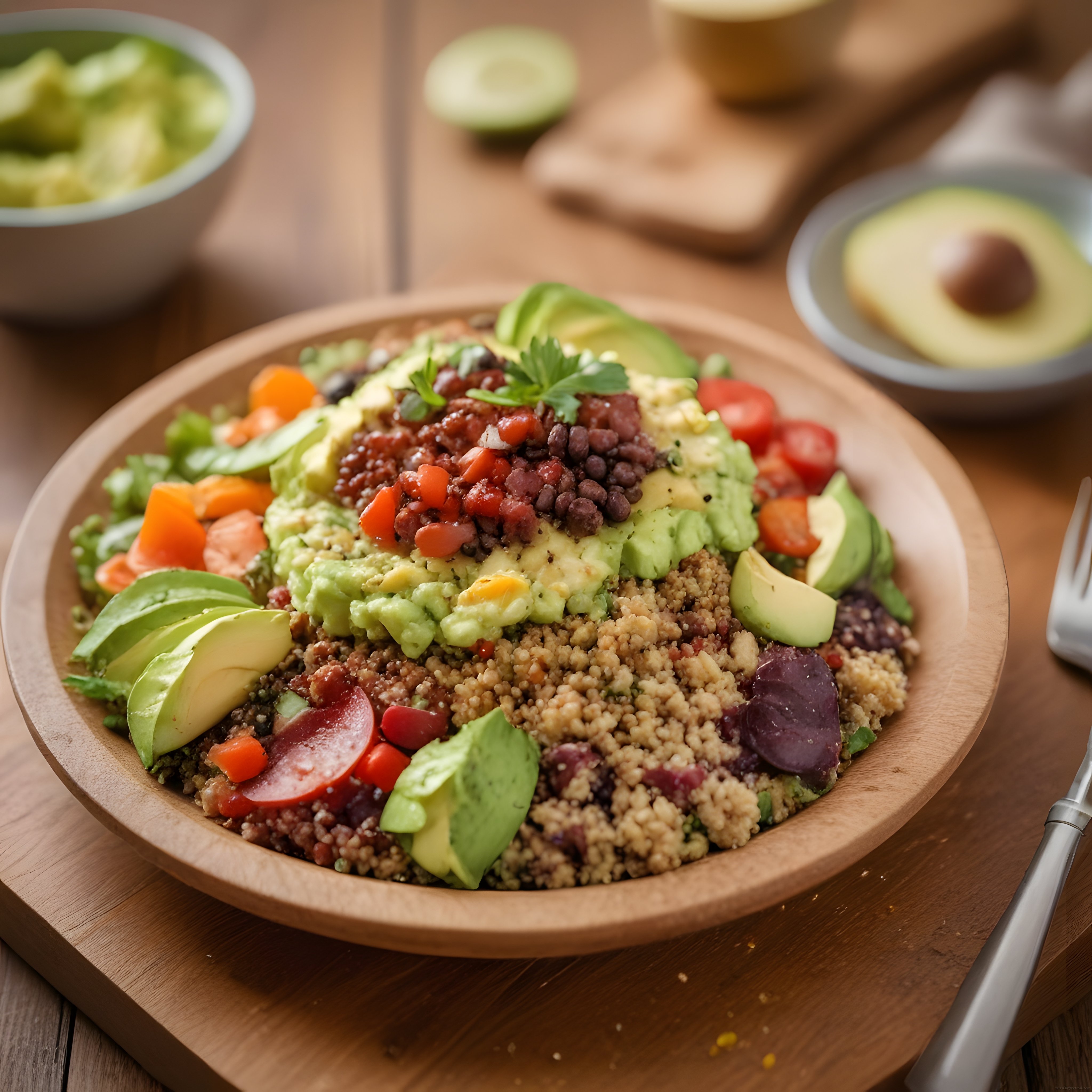 Ahşap kasede avokadolu ve soslu kinoa bowl: renkli sağlıklı vegan öğün